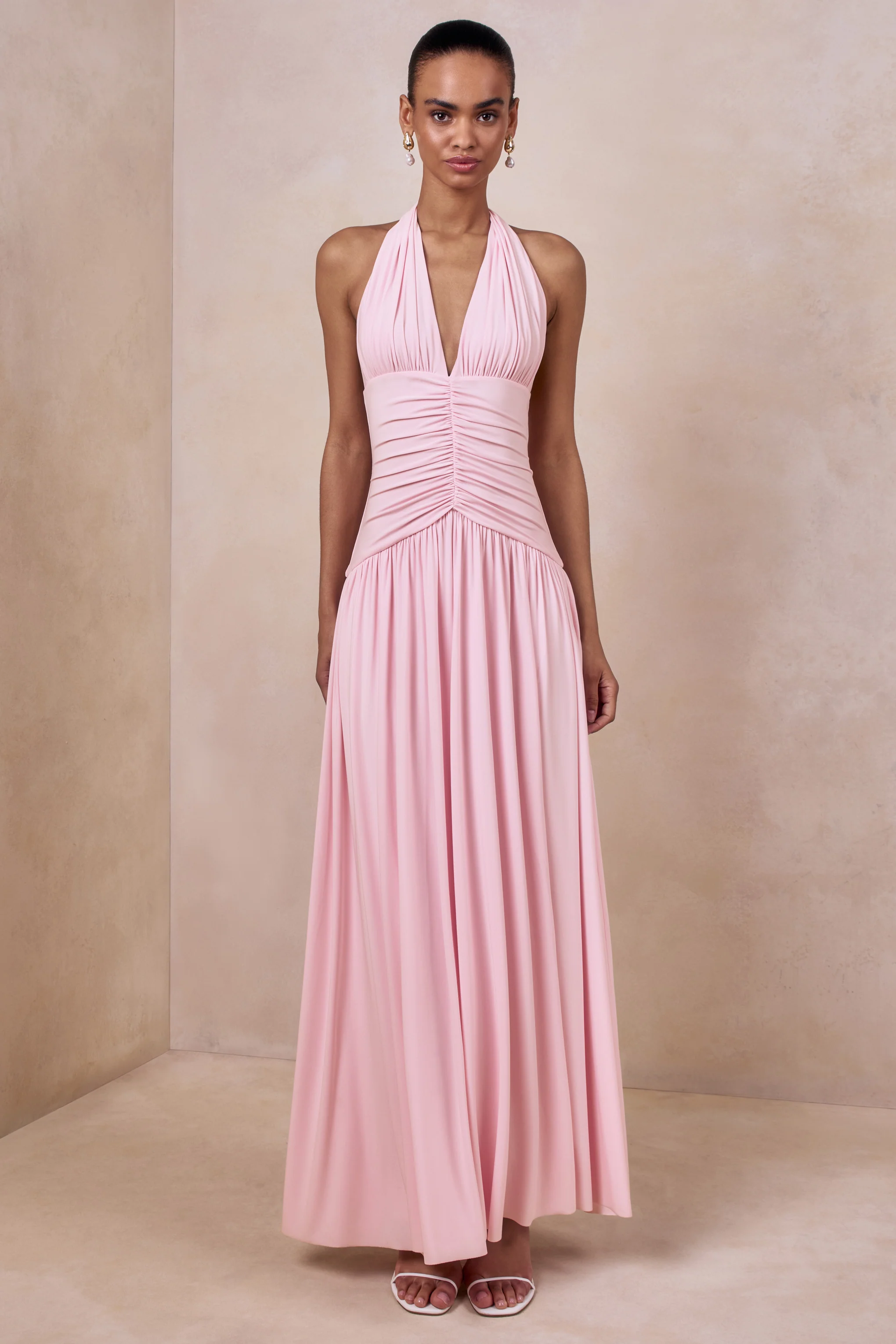 Bettina | Roze Maxi Jurk met Diepe V-Hals en Gerimpelde Details - Image 3
