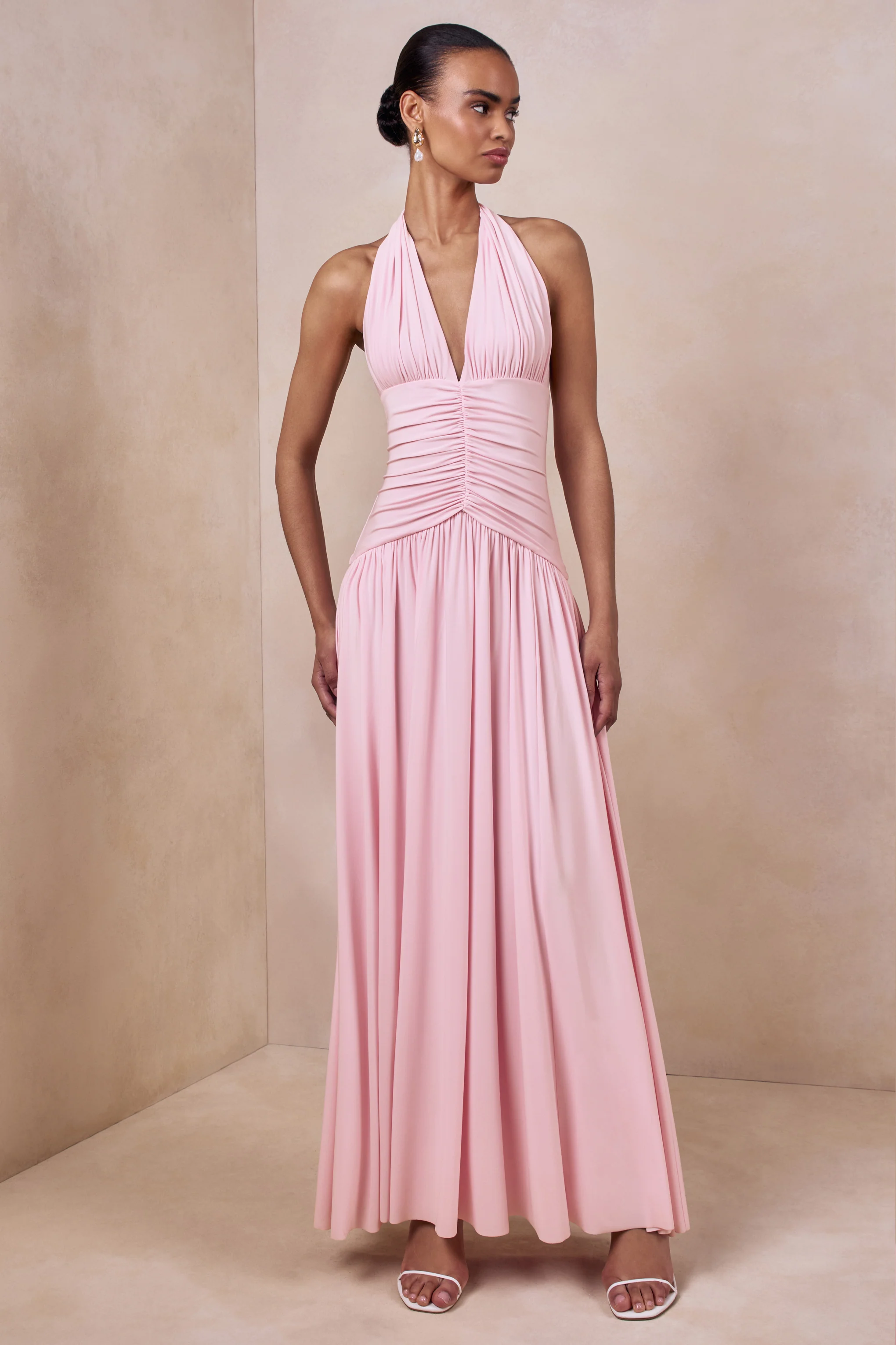 Bettina | Roze Maxi Jurk met Diepe V-Hals en Gerimpelde Details - Image 4