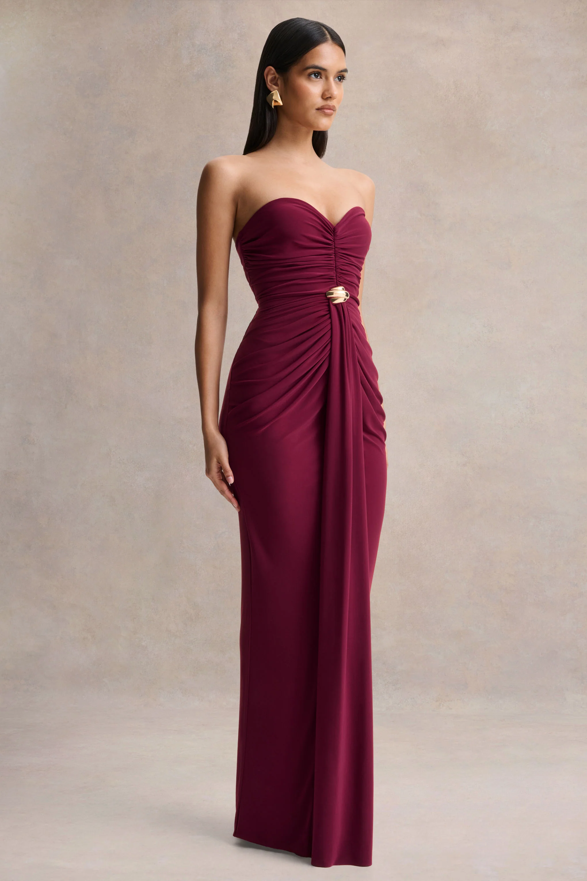 Beverly | Bordeaux Bandeau Maxi Jurk Met Gerimpelde Details - Image 5