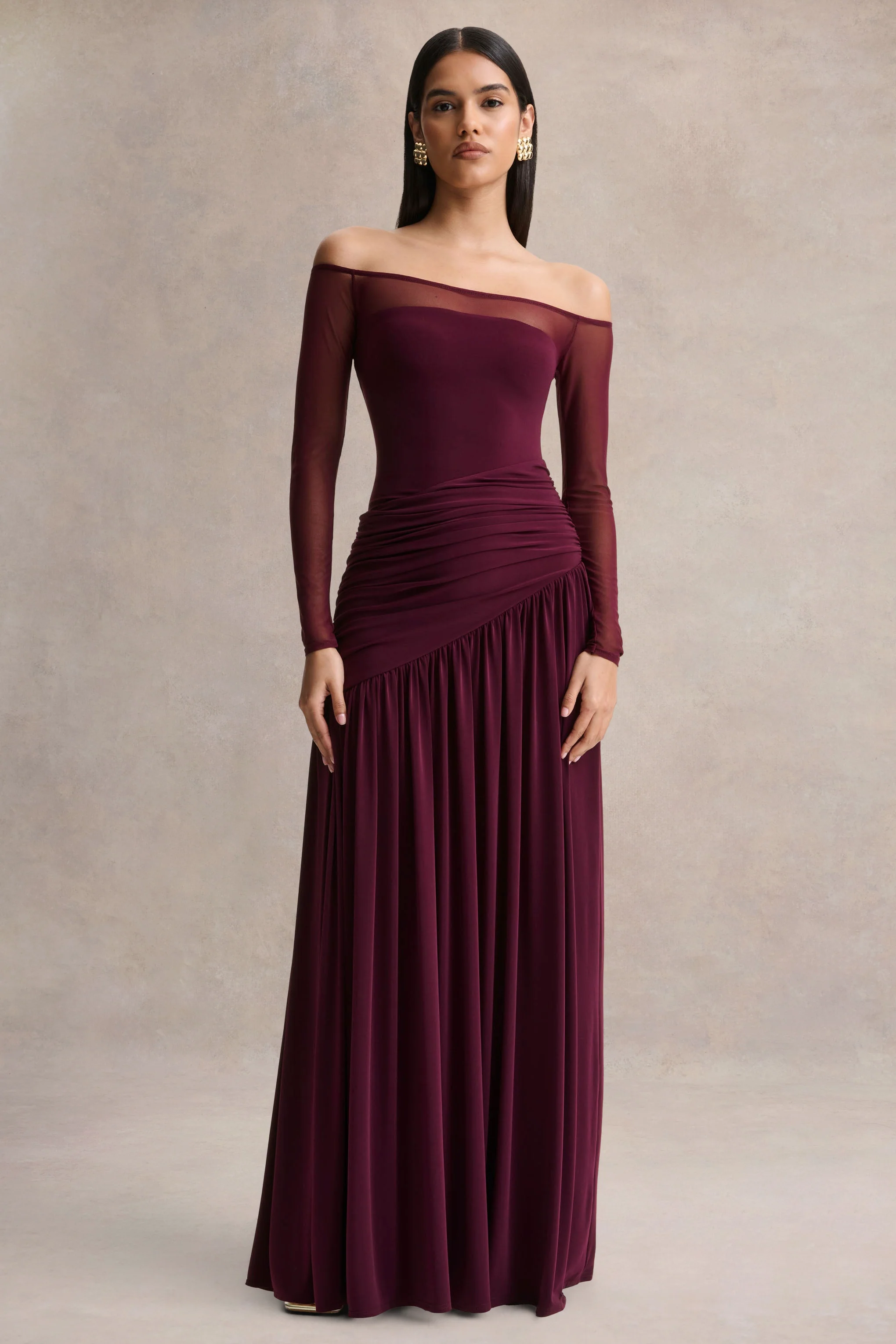 Bexley | Donker Pruim Bardot Hals Maxi Jurk Met Mesh Mouwen