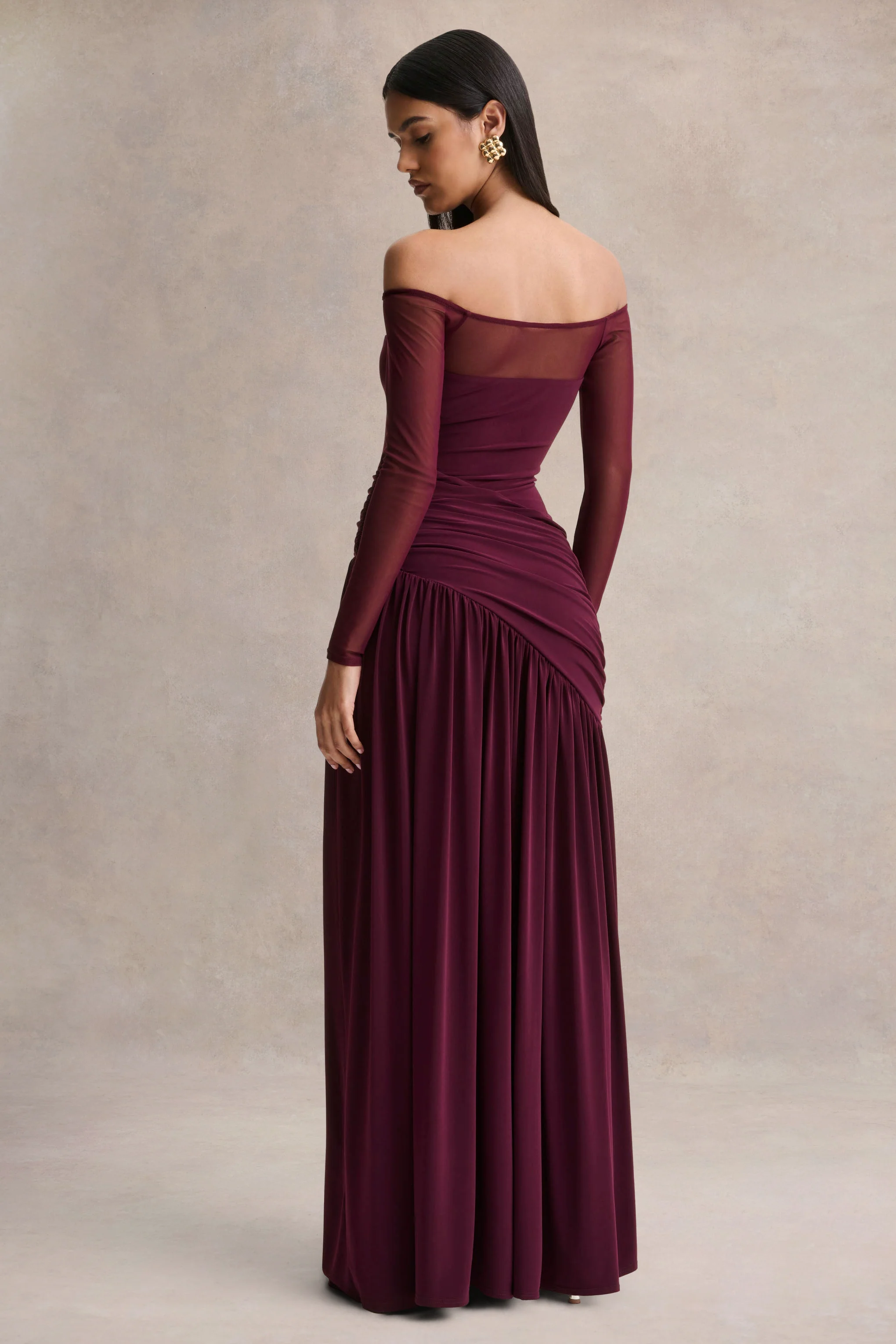 Bexley | Donker Pruim Bardot Hals Maxi Jurk Met Mesh Mouwen - Image 2