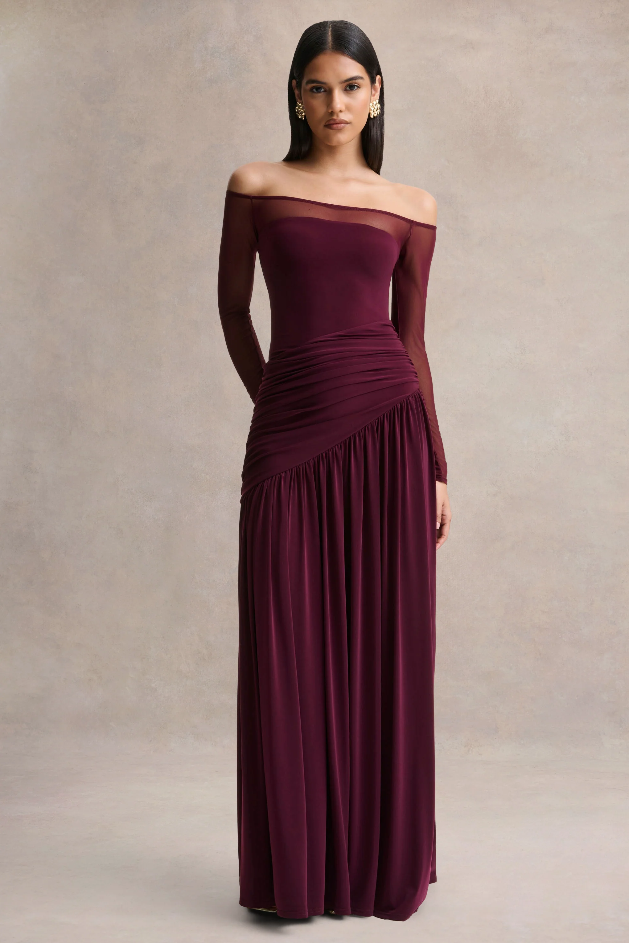Bexley | Donker Pruim Bardot Hals Maxi Jurk Met Mesh Mouwen - Image 4
