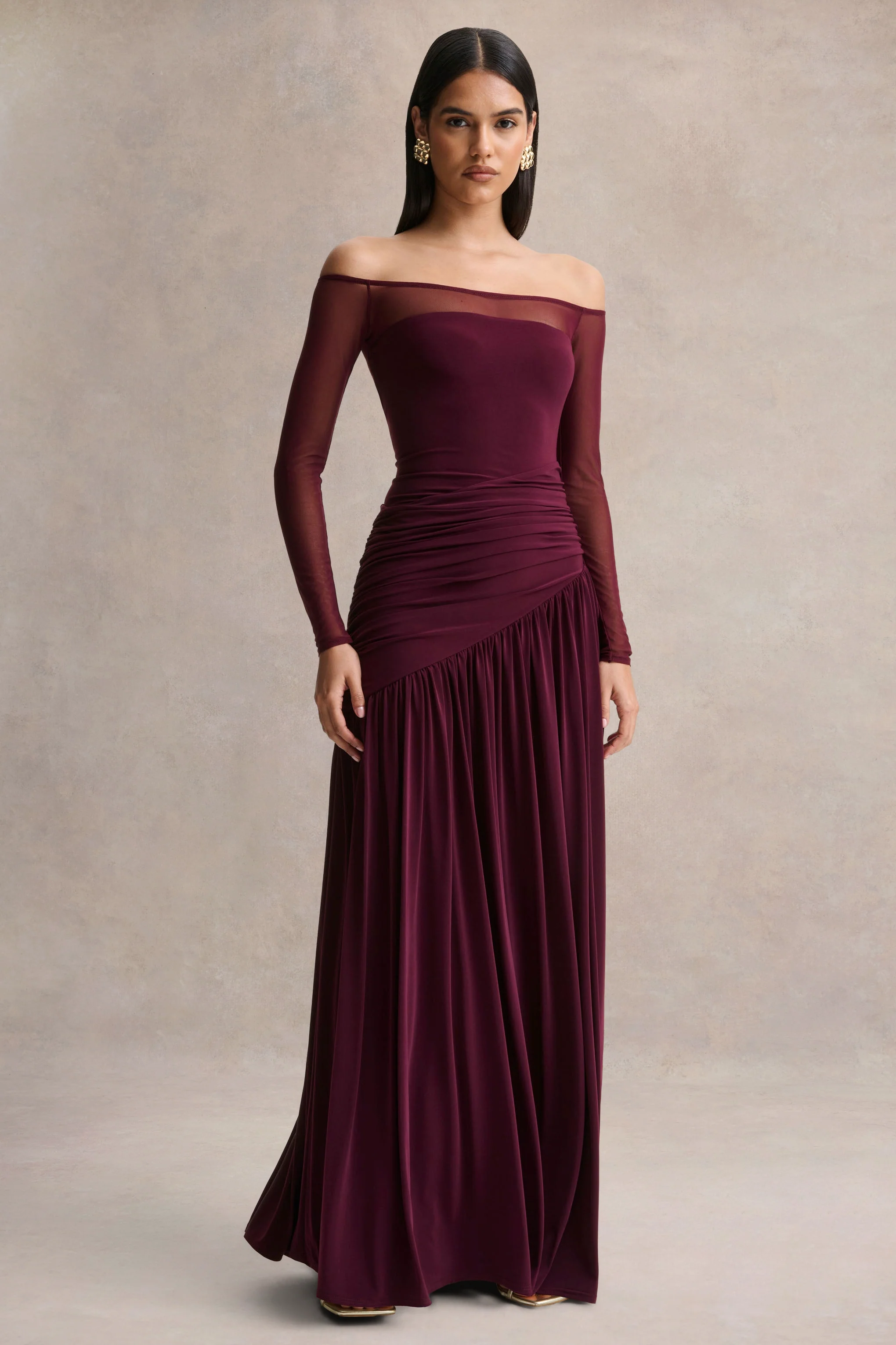 Bexley | Donker Pruim Bardot Hals Maxi Jurk Met Mesh Mouwen - Image 5