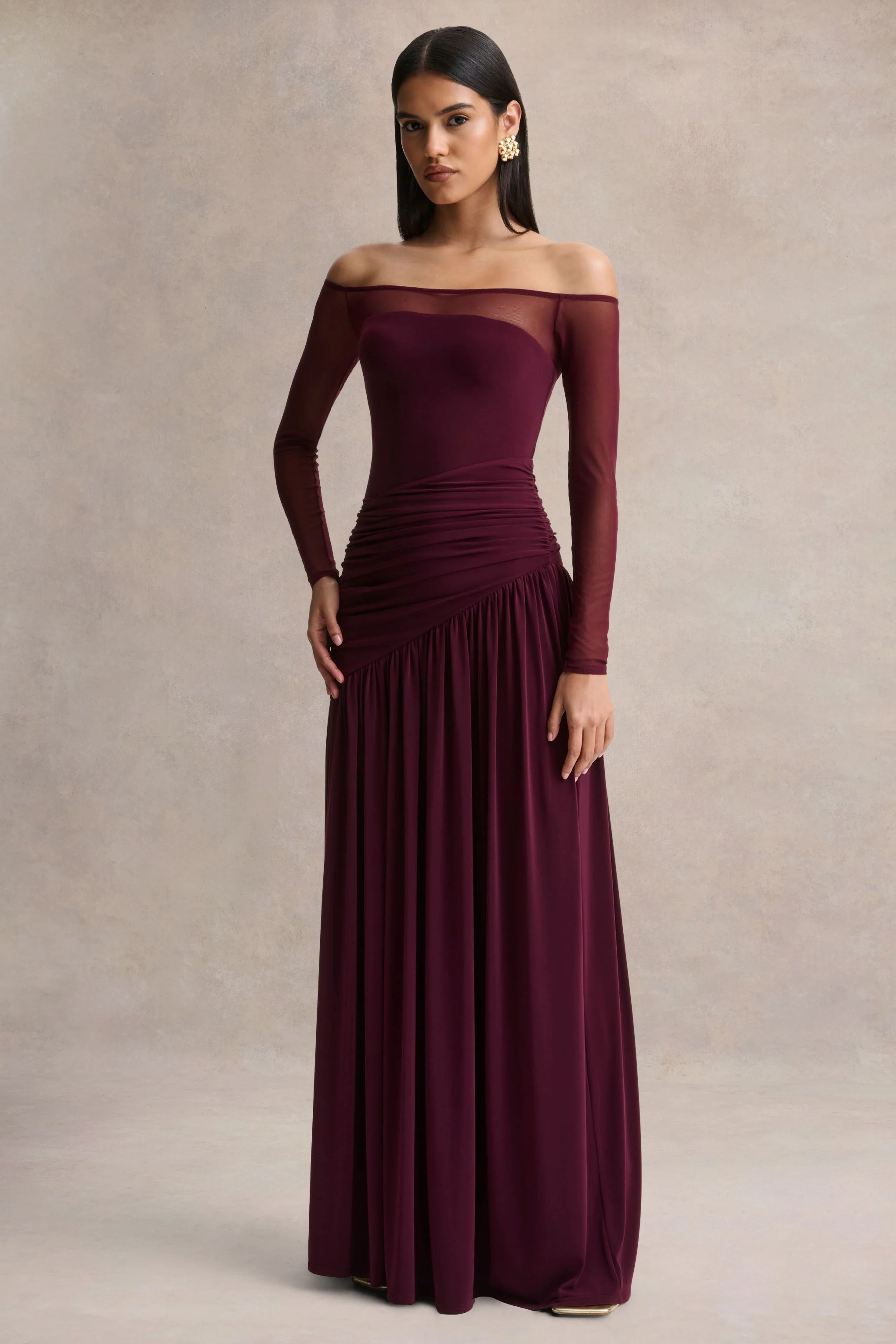 Bexley | Donker Pruim Bardot Hals Maxi Jurk Met Mesh Mouwen - Image 6