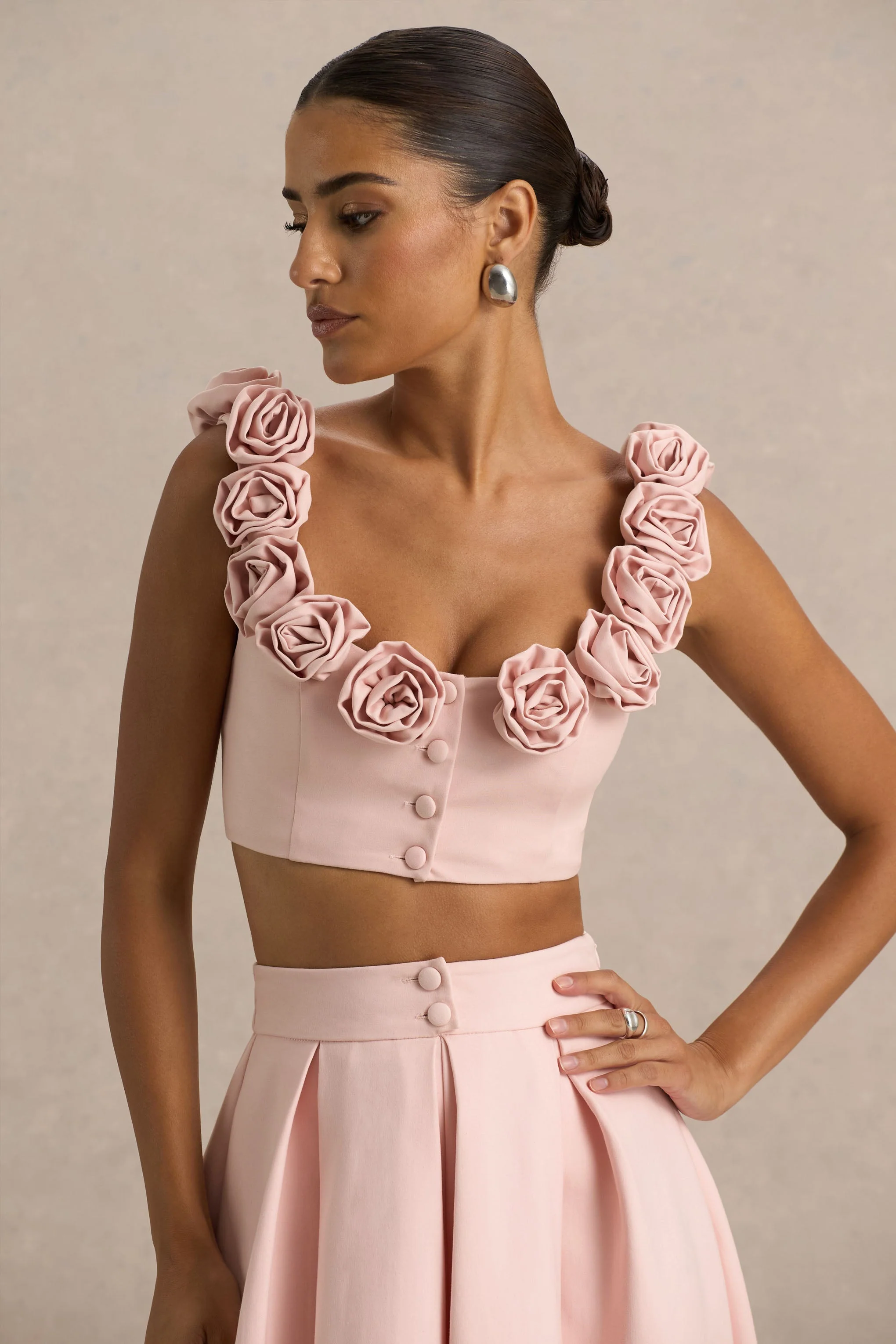 Blade | Baby Roze Ronde Hals Crop Top Met Corsage Details