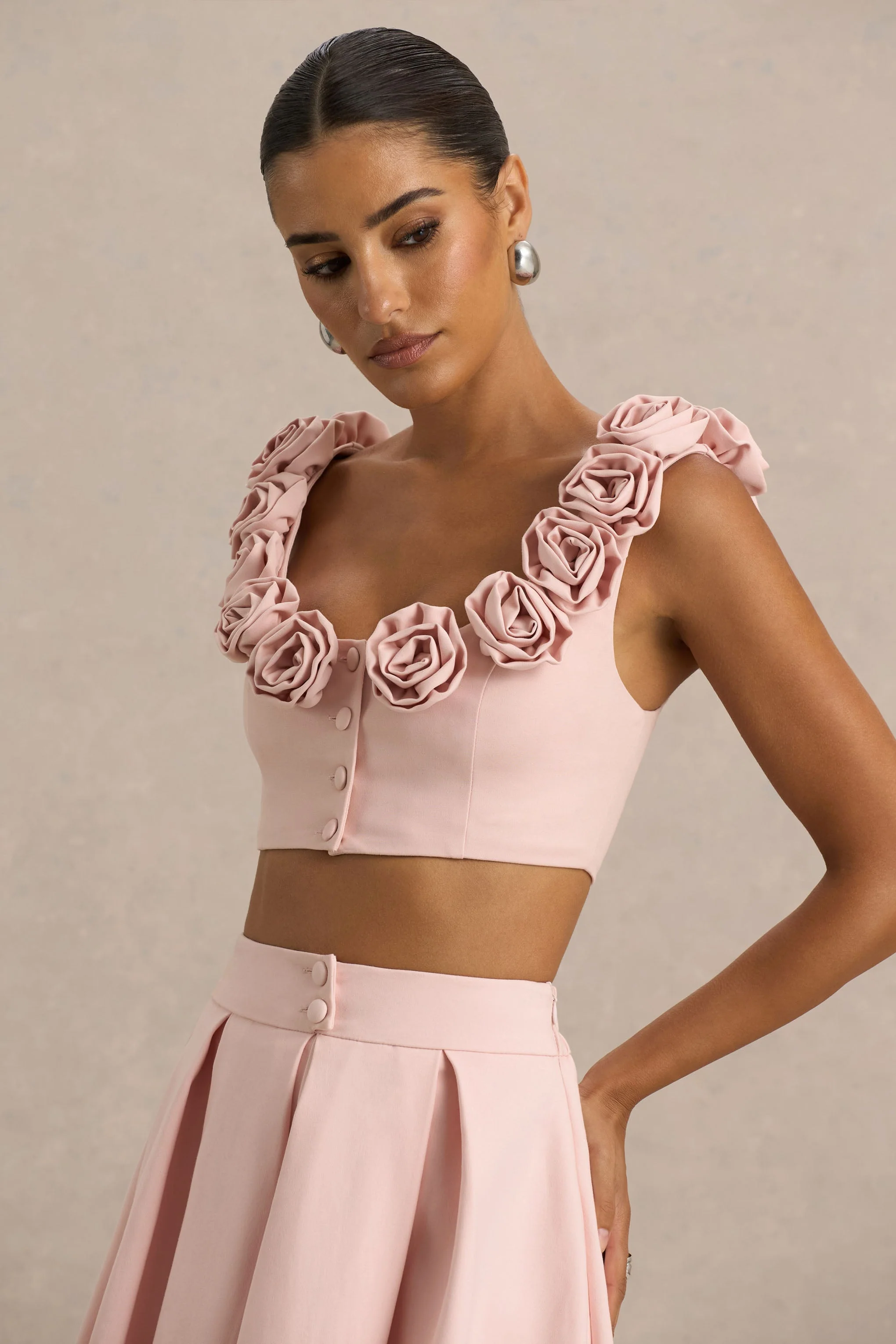 Blade | Baby Roze Ronde Hals Crop Top Met Corsage Details - Image 5