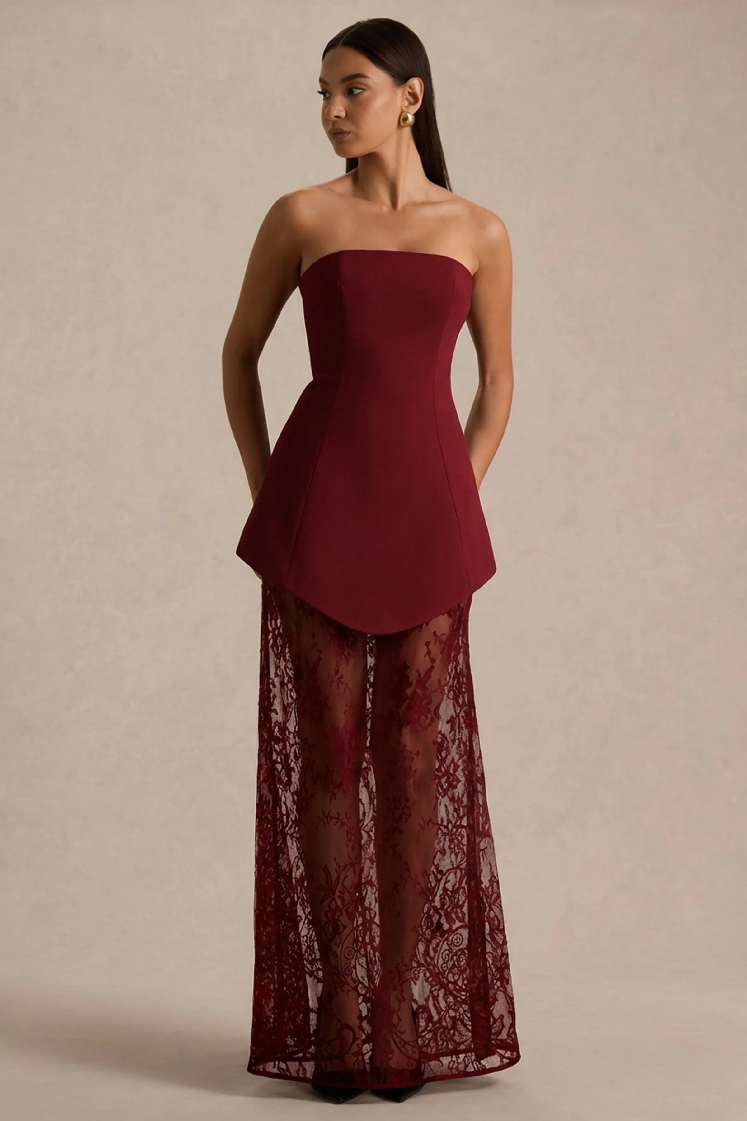 Brandi | Bordeaux Bandeau Maxi Jurk Met kanten Rok