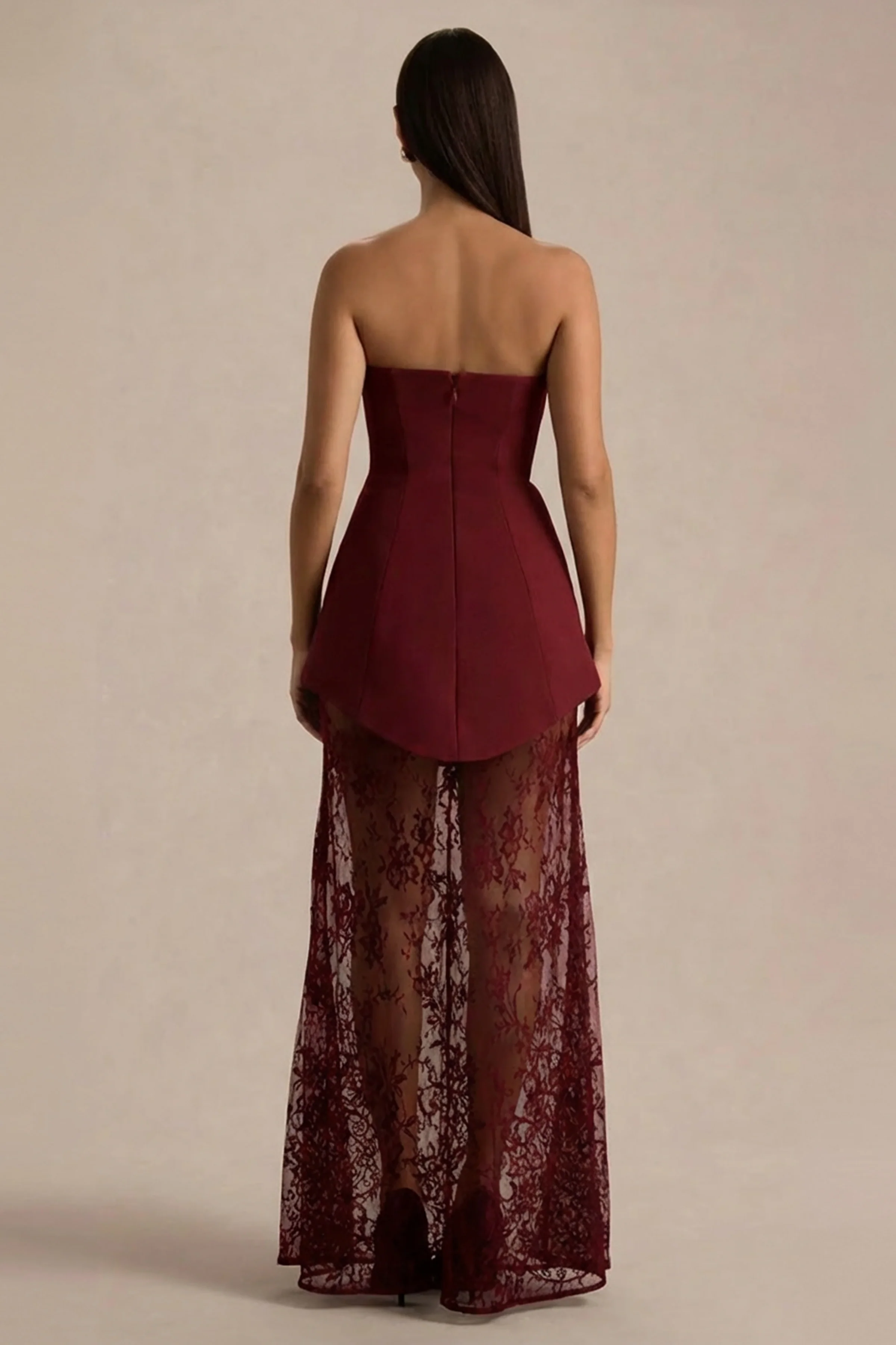 Brandi | Bordeaux Bandeau Maxi Jurk Met kanten Rok - Image 2
