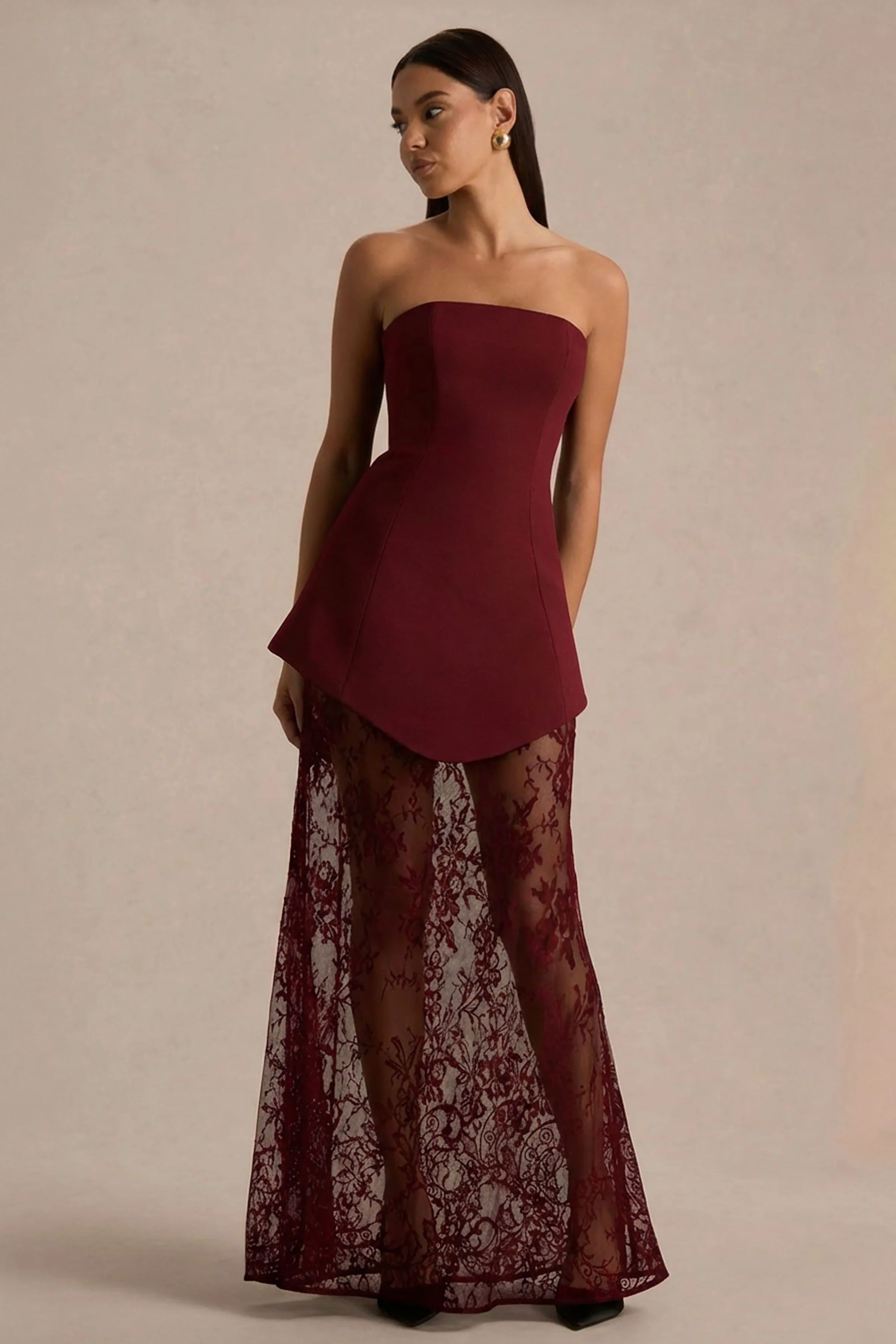 Brandi | Bordeaux Bandeau Maxi Jurk Met kanten Rok - Image 4