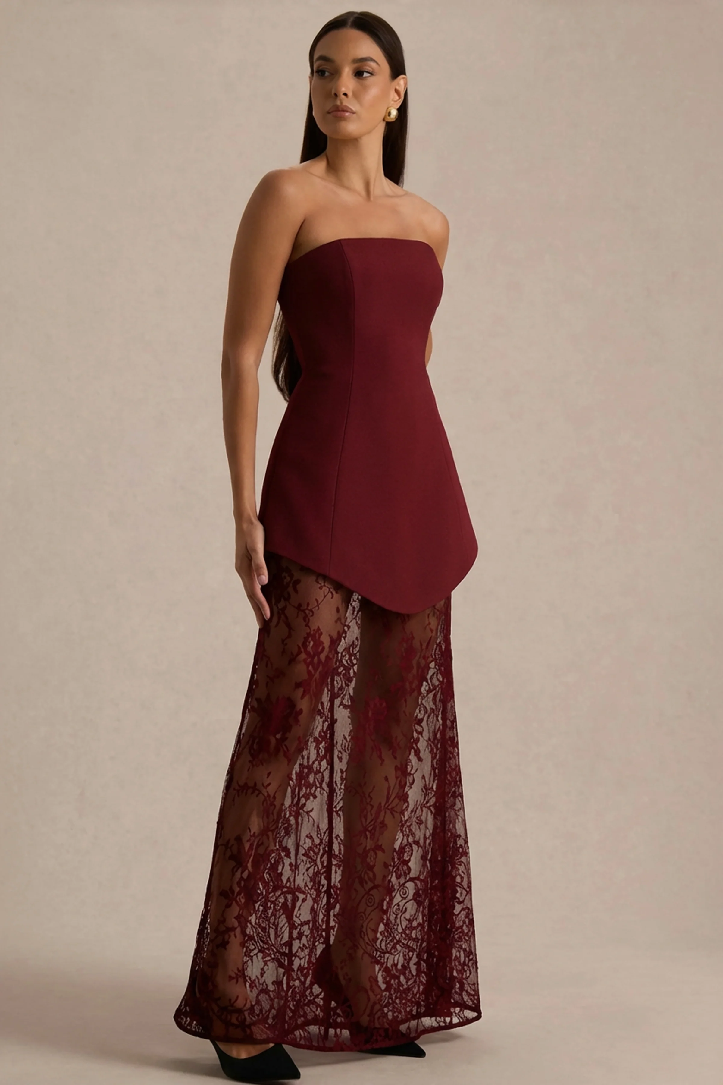 Brandi | Bordeaux Bandeau Maxi Jurk Met kanten Rok - Image 5