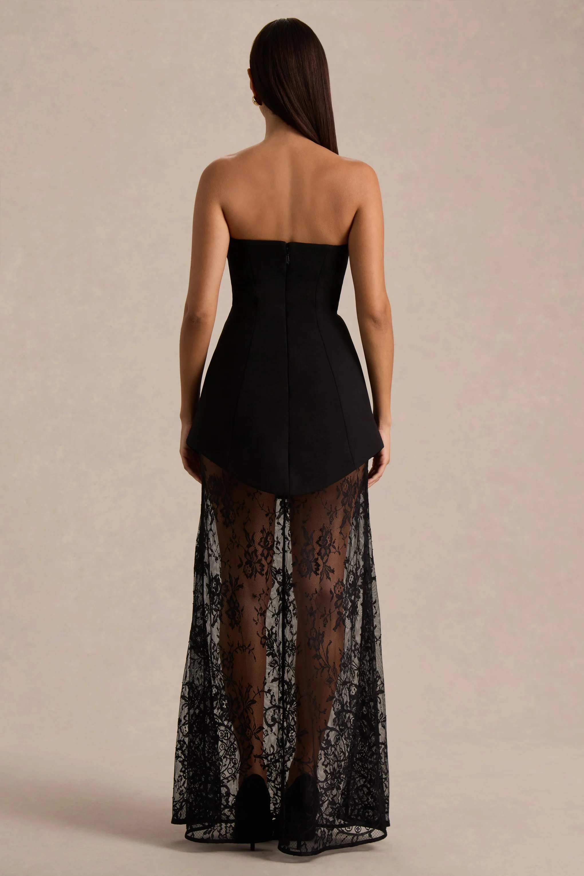 Brandi | Zwarte Bandeau Maxi Jurk Met Kanten Rok - Image 2