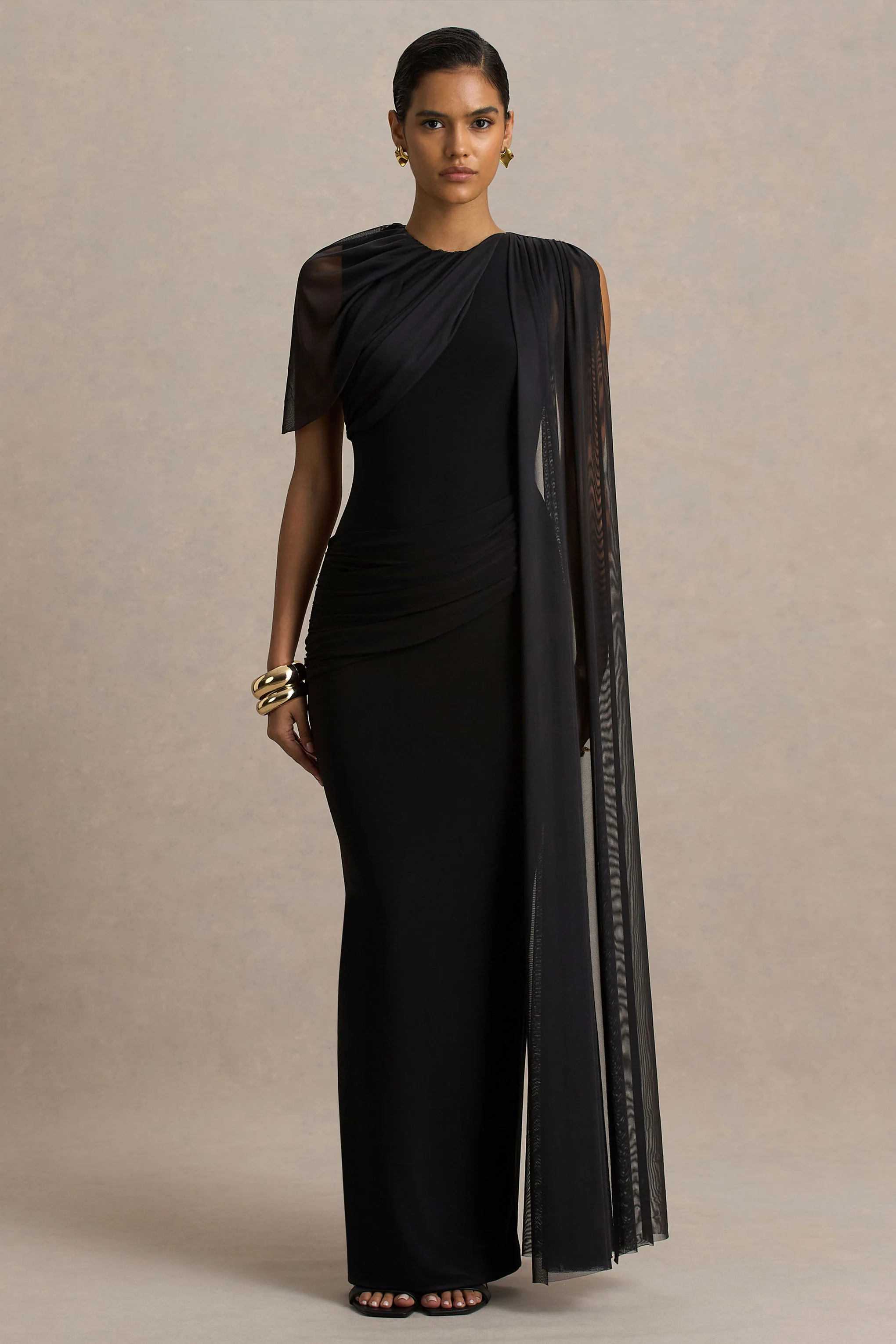 Brenda | Zwarte Maxi Jurk Met Cape Mouw En Ceintuur - Image 5