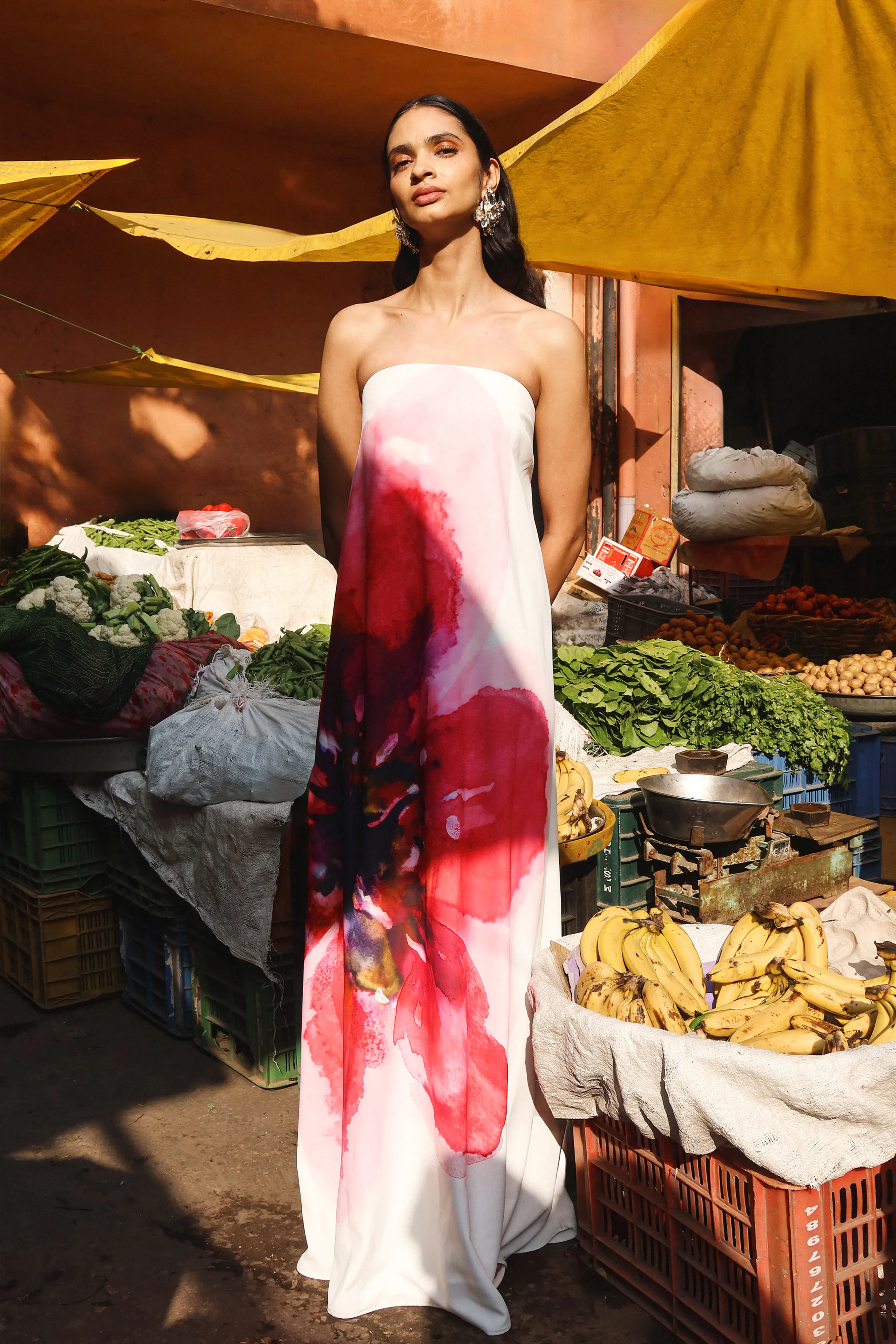 Breonna |Felroze Bandeau Maxi Jurk Met Bloemen Versiering
