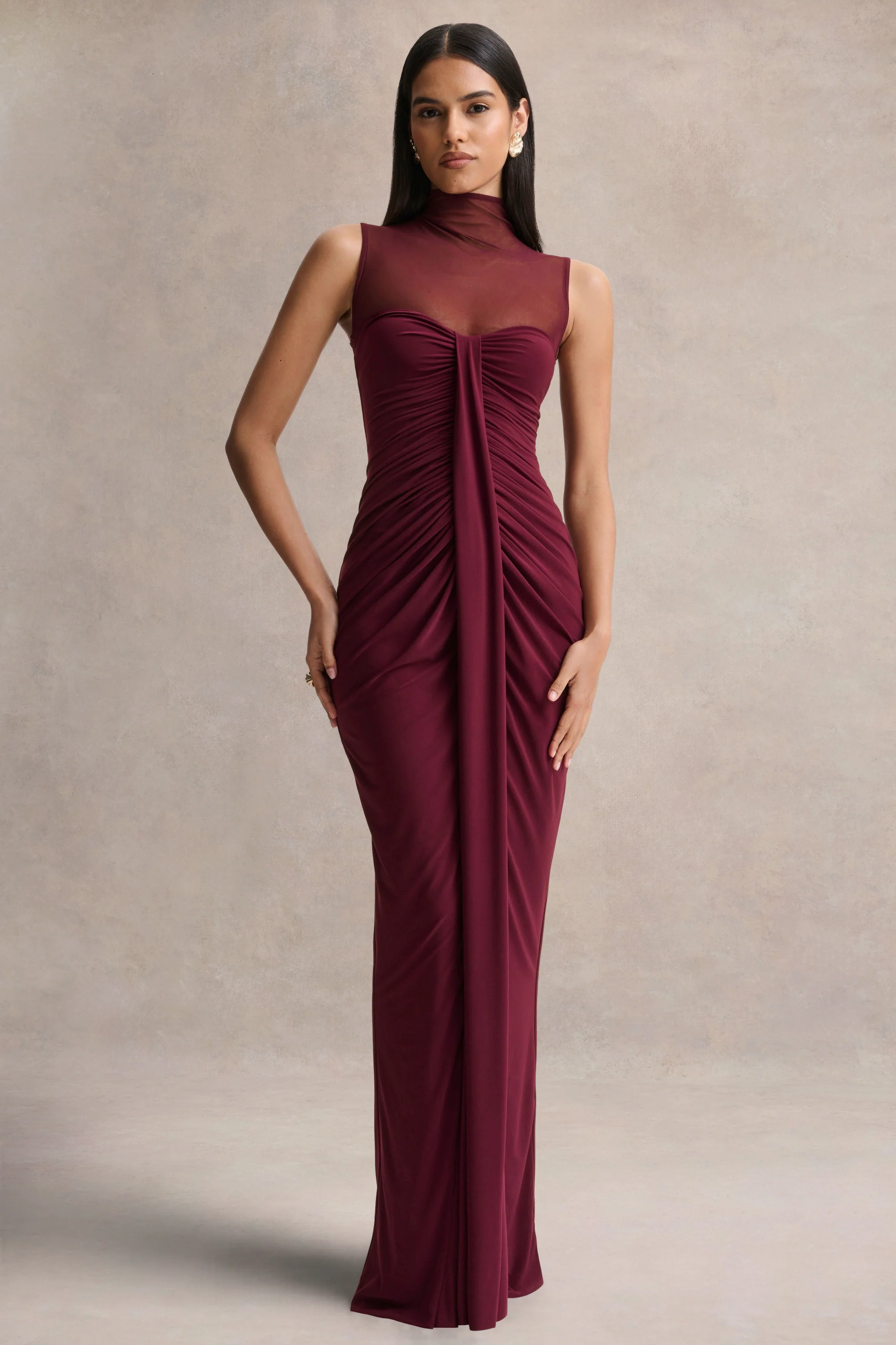 Brialle | Bordeaux Hoge Hals Maxi Jurk Met Mesh En Gerimpelde Details