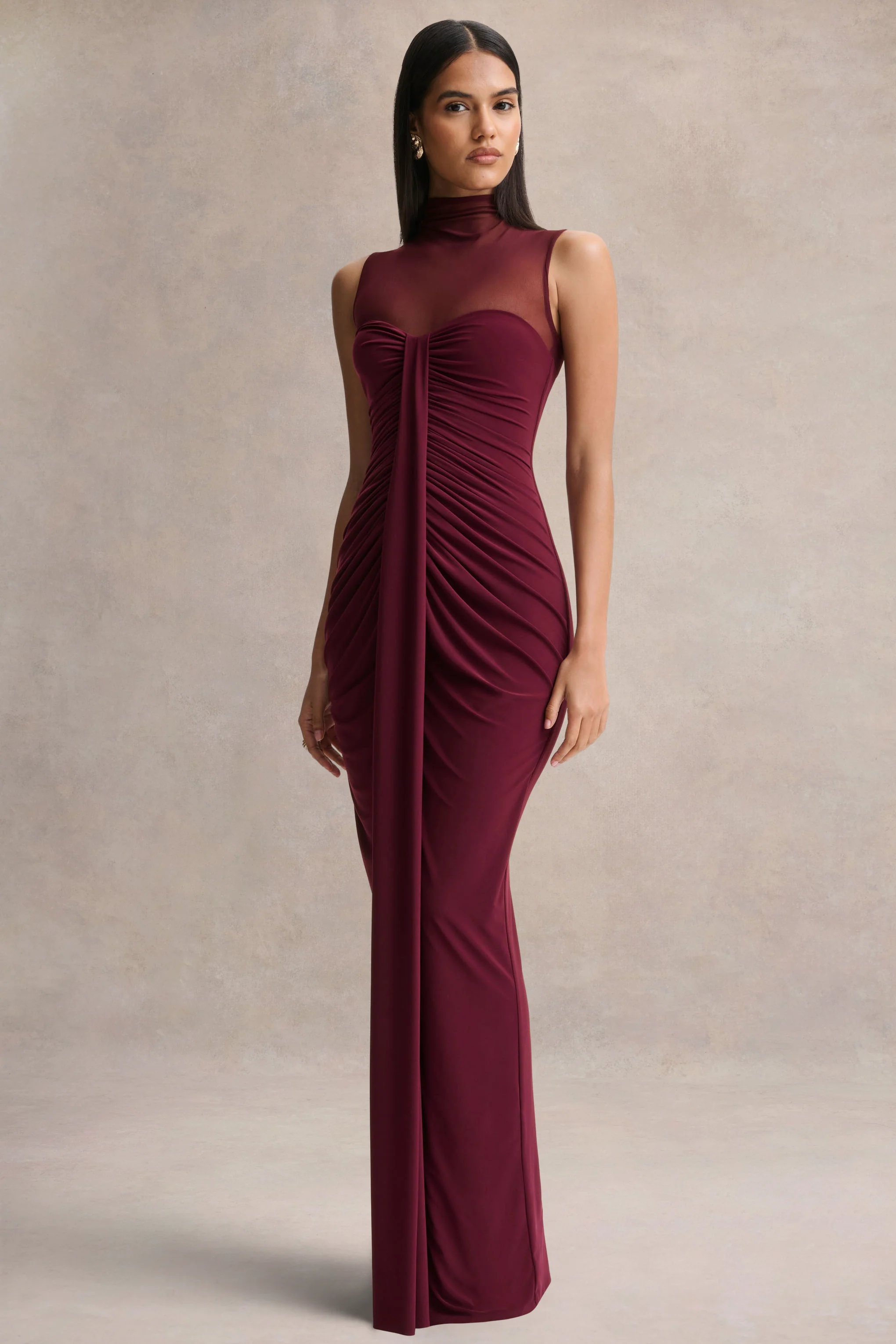 Brialle | Bordeaux Hoge Hals Maxi Jurk Met Mesh En Gerimpelde Details - Image 4