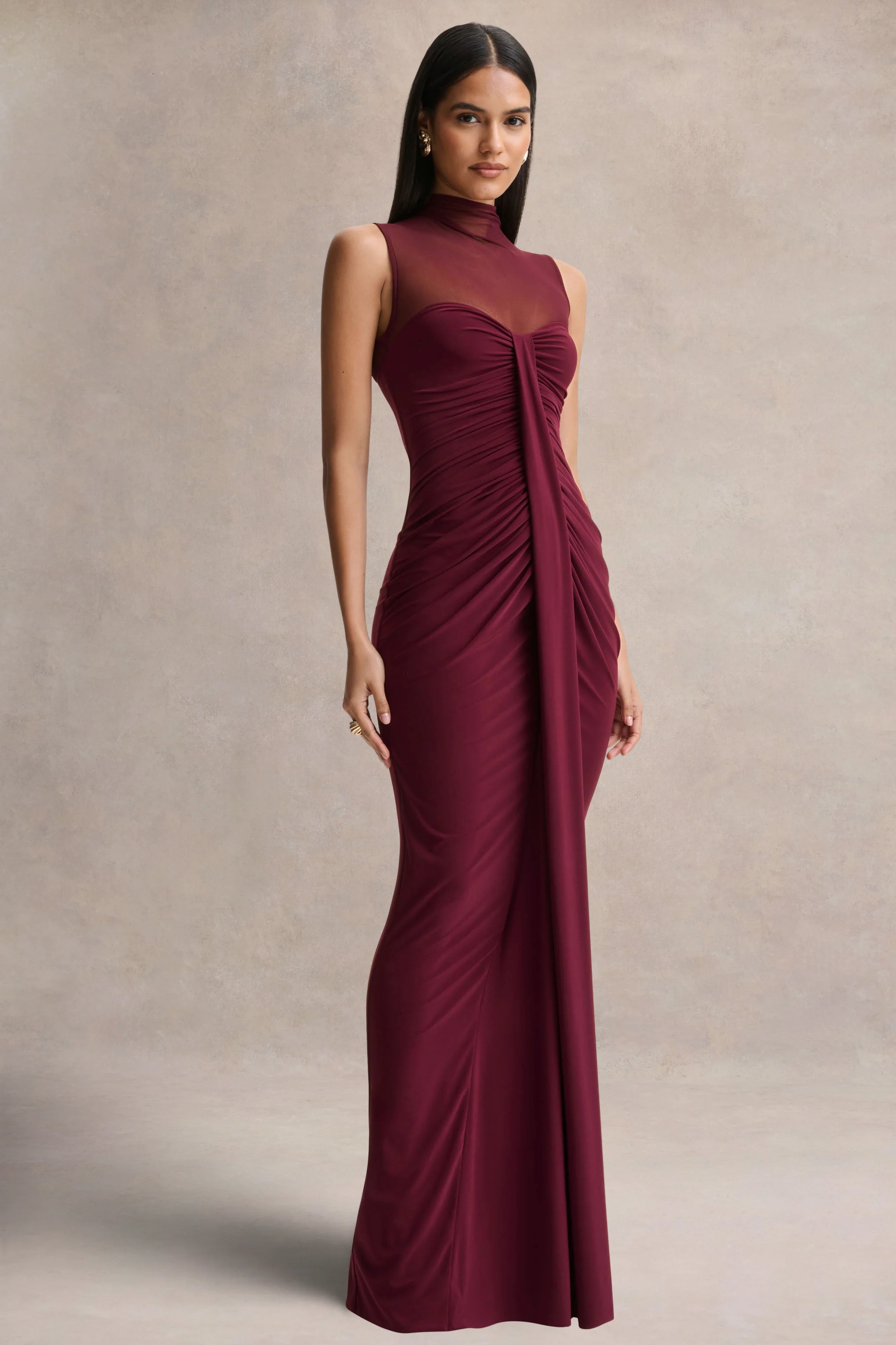 Brialle | Bordeaux Hoge Hals Maxi Jurk Met Mesh En Gerimpelde Details - Image 5