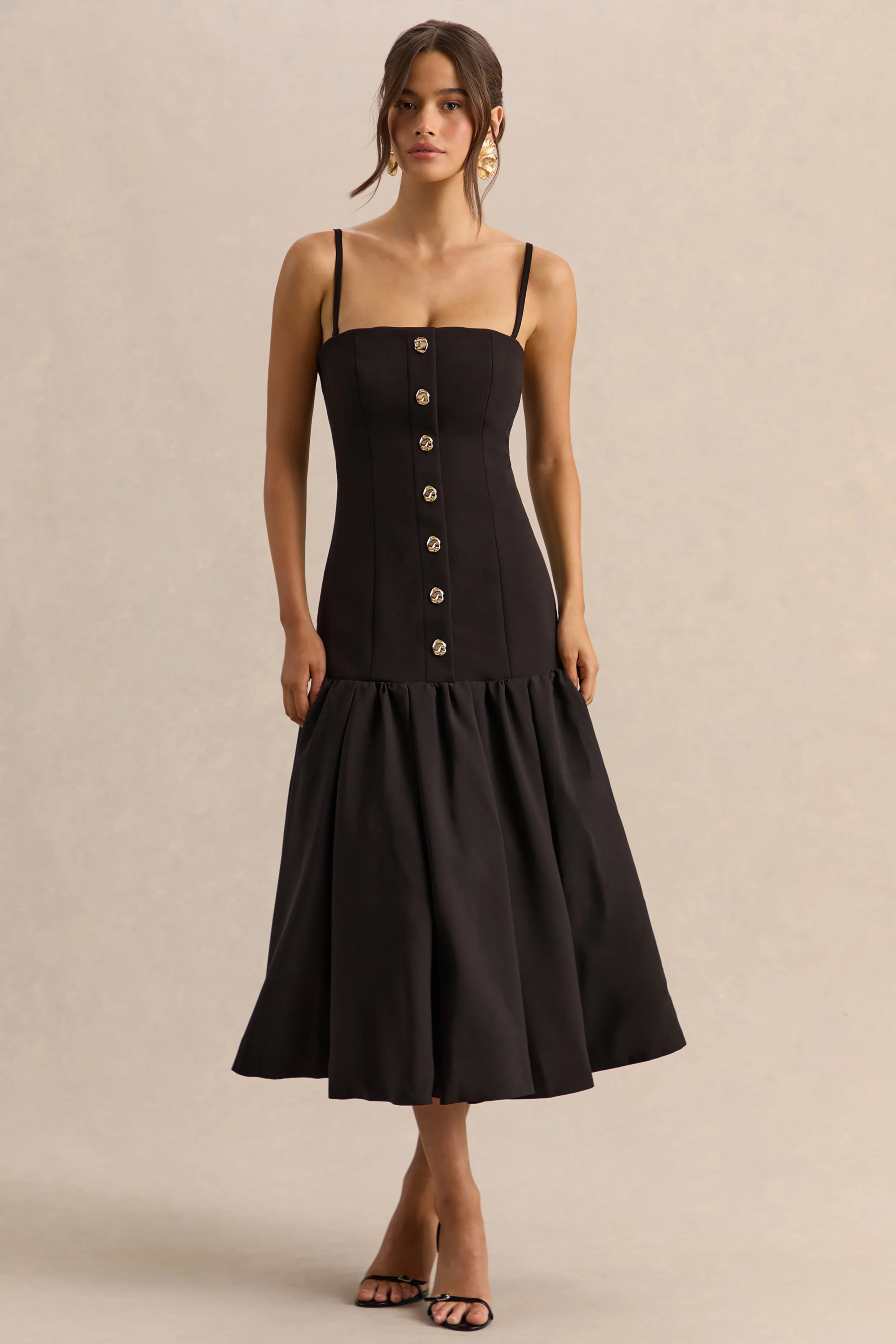 Briella | Zwarte Bandeau Midi Jurk Met Gouden Knopen