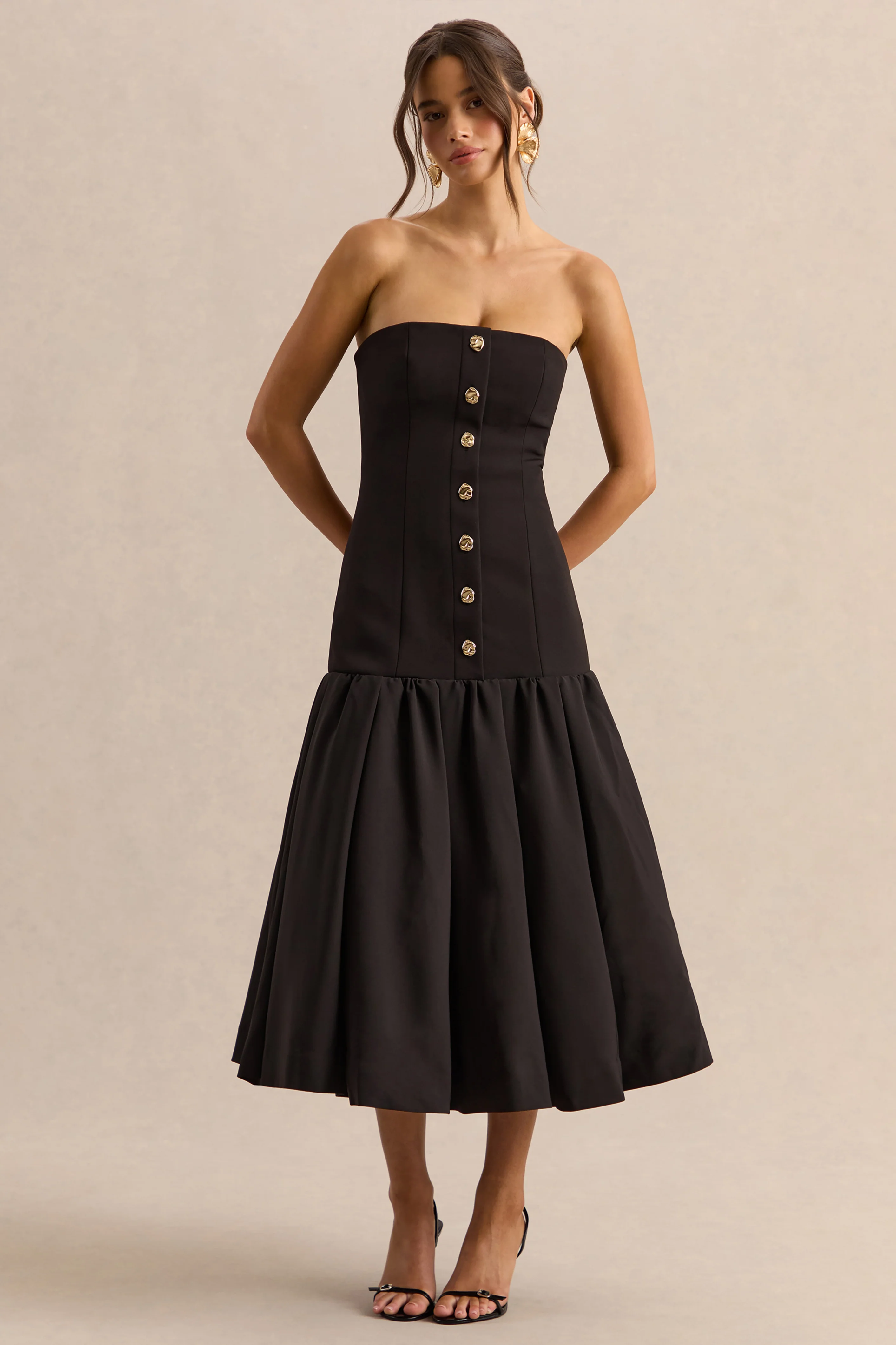 Briella | Zwarte Bandeau Midi Jurk Met Gouden Knopen - Image 5