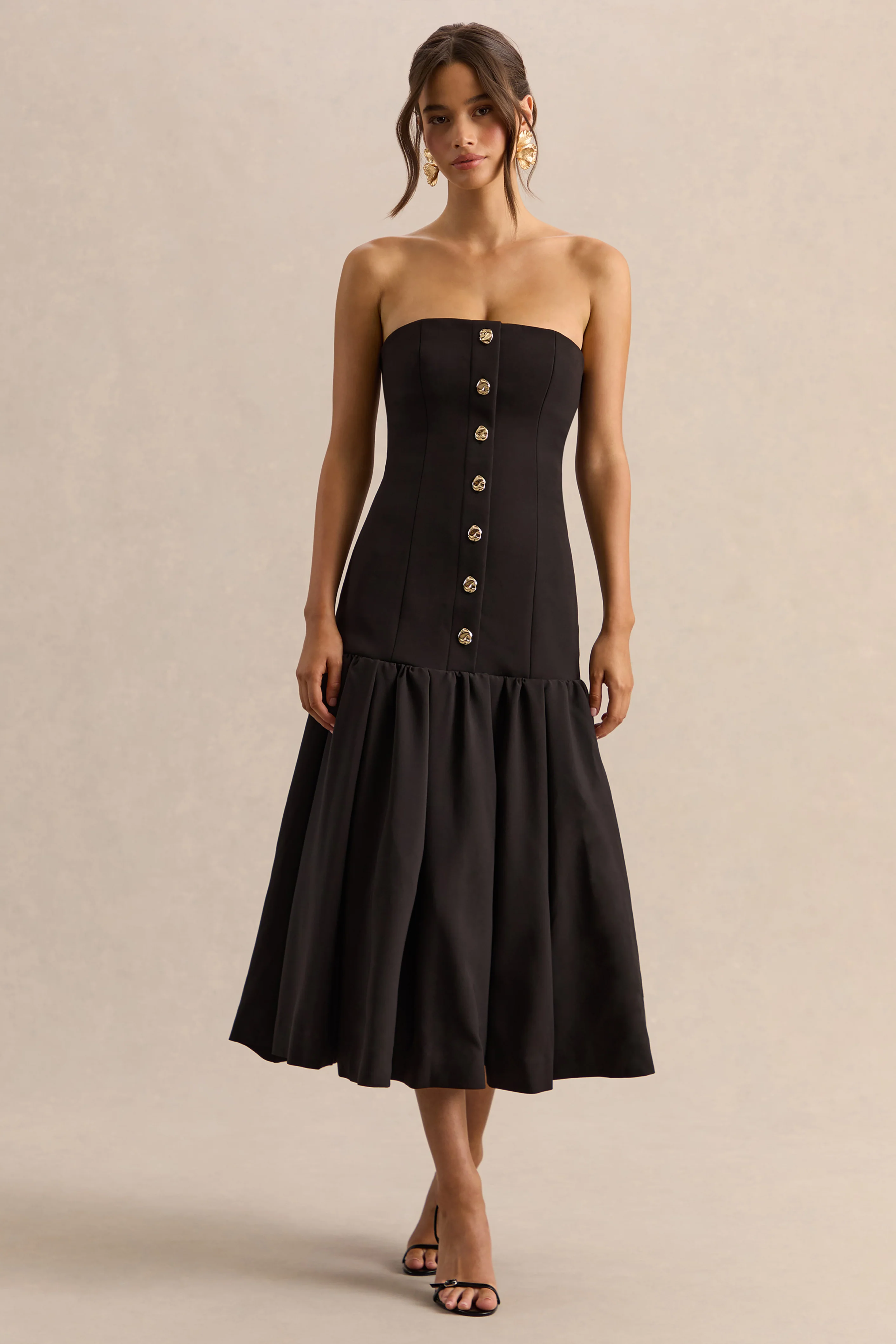 Briella | Zwarte Bandeau Midi Jurk Met Gouden Knopen - Image 6