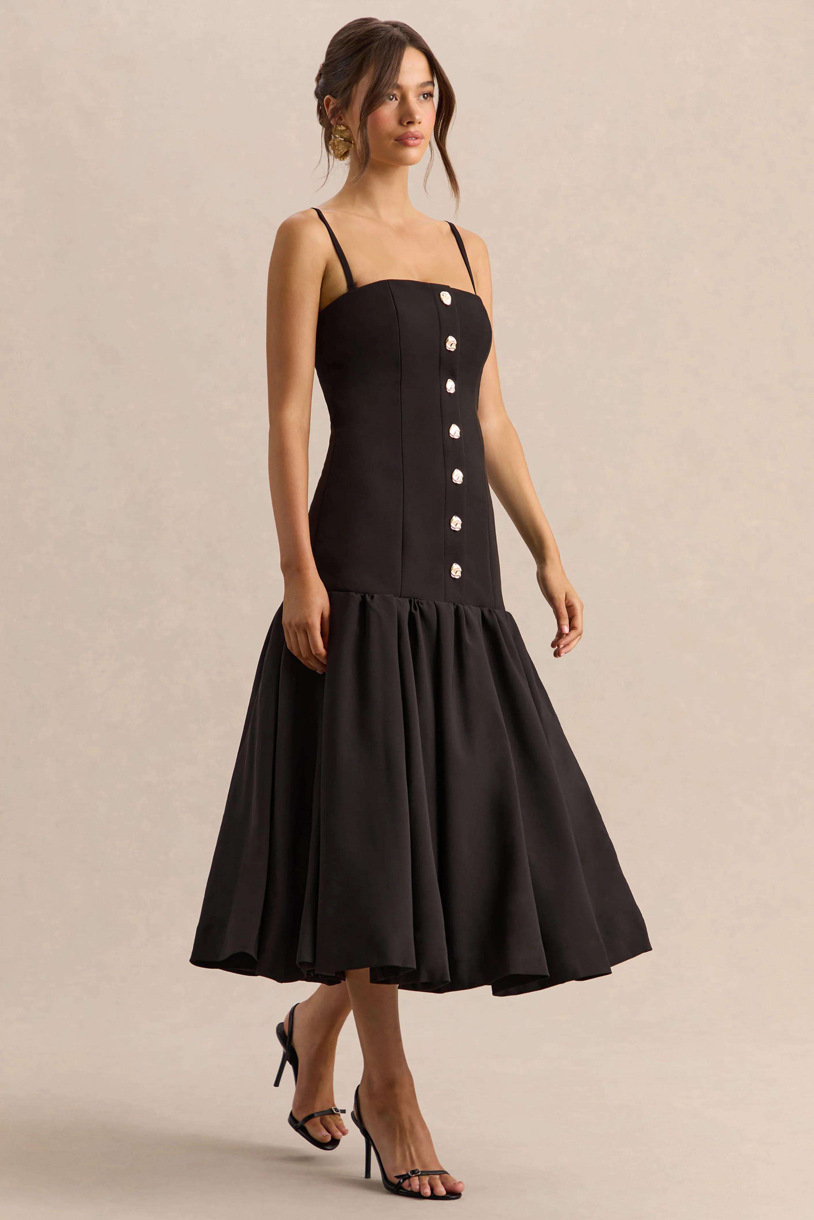 Briella | Zwarte Bandeau Midi Jurk Met Gouden Knopen - Image 7