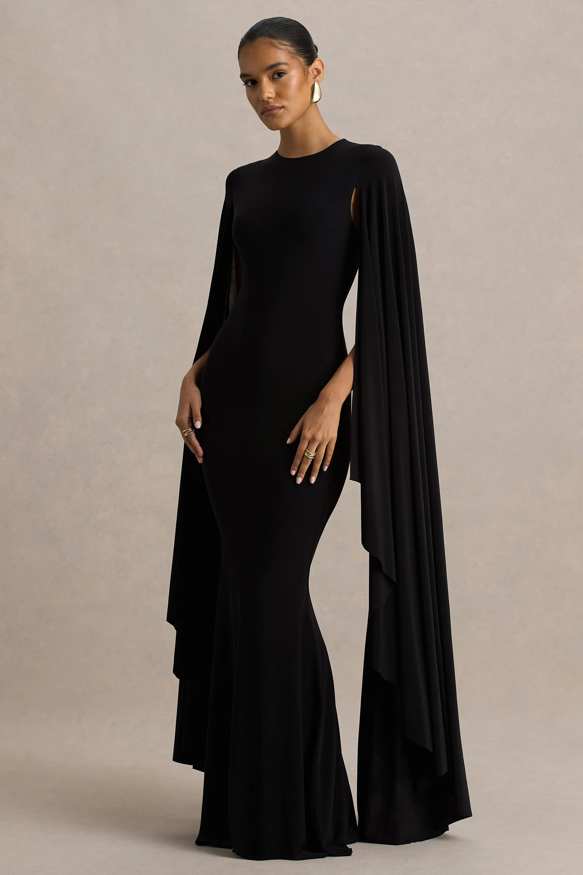 Briony | Zwarte Hoge Ronde Hals Maxi Jurk Met Cape mouwen - Image 5