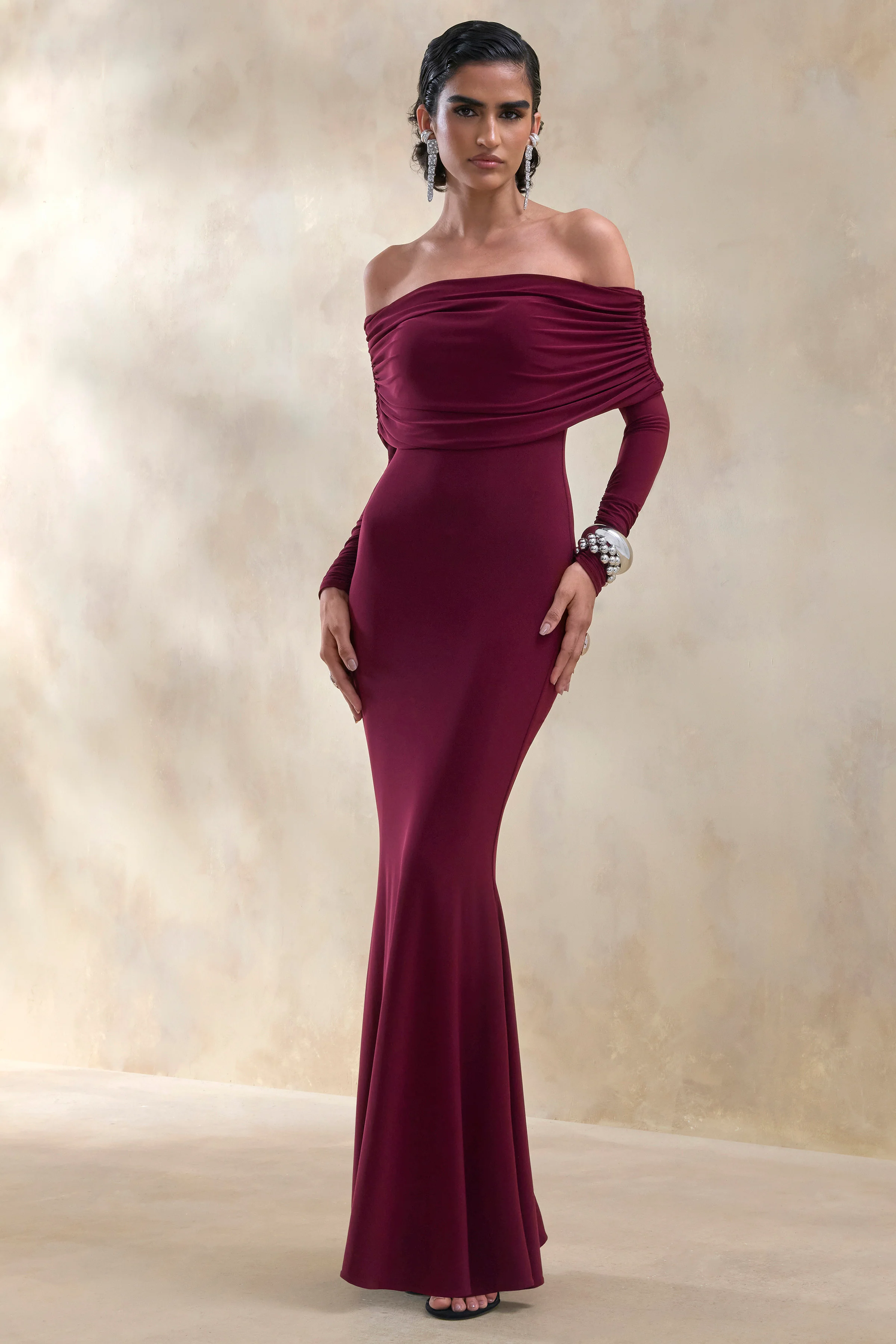Brisea | Bordeaux Maxi Jurk met Bardot Halslijn