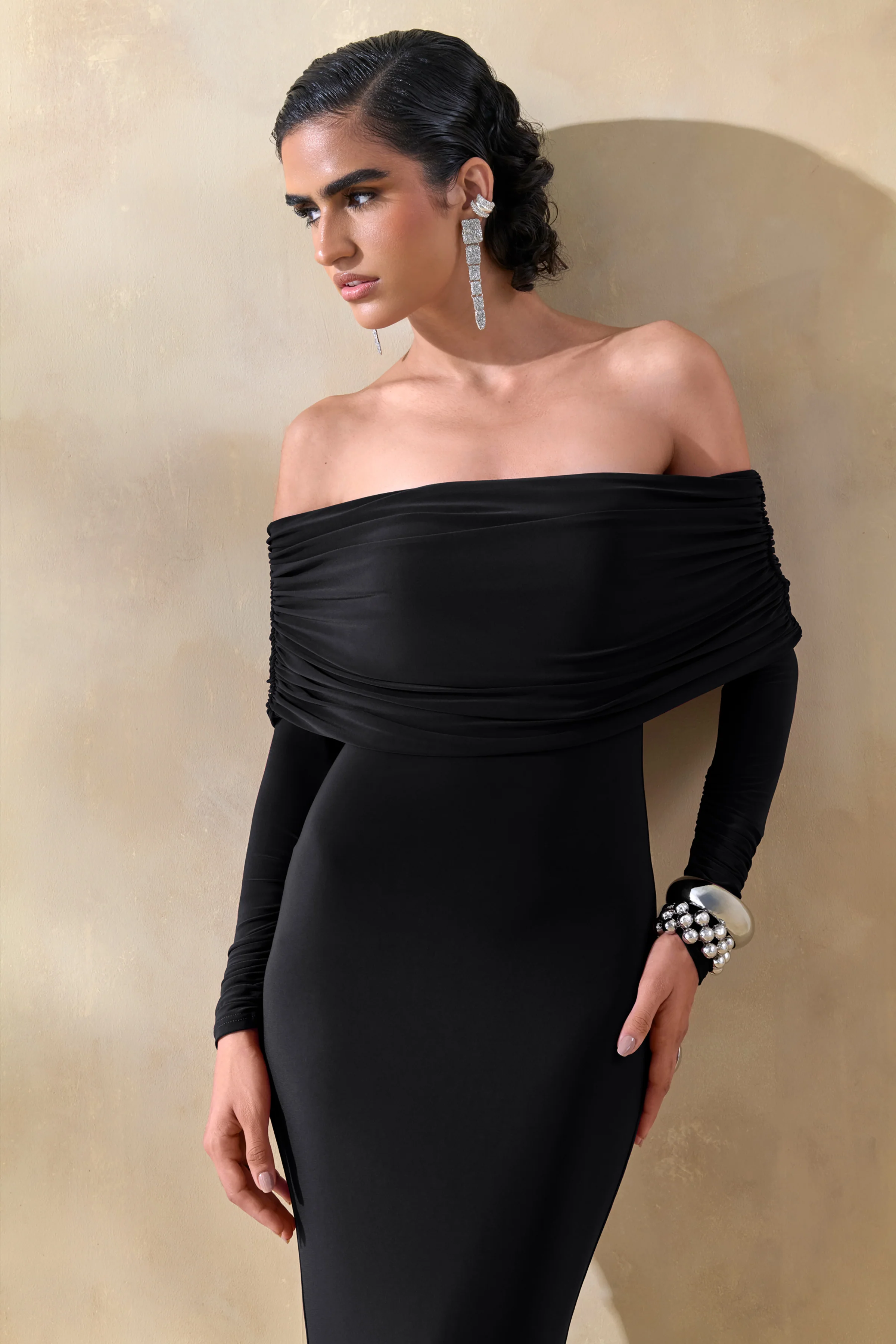 Brisea | Zwarte Bardot Hals Maxi Jurk - Image 3
