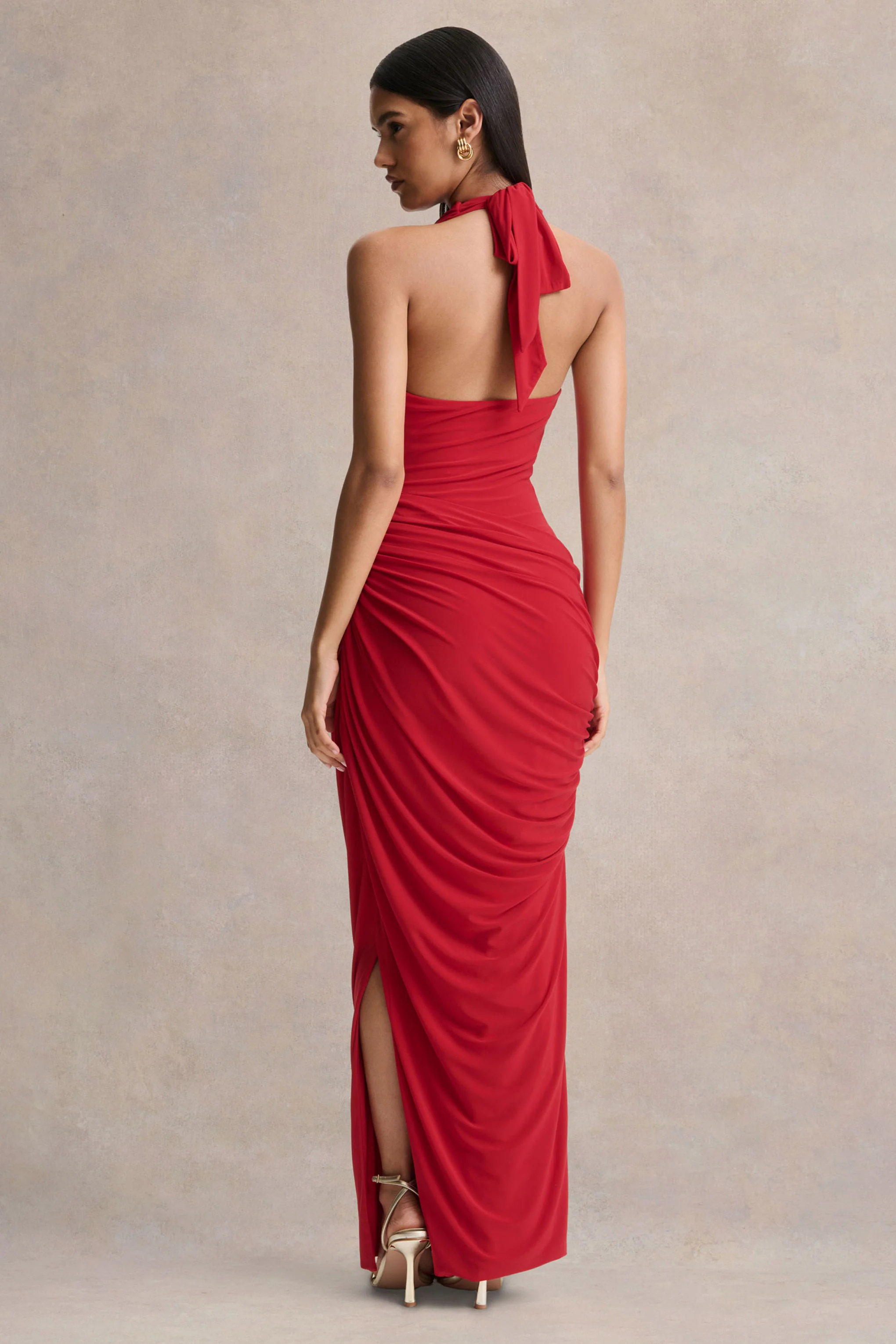 Cairo | Rode Draperend Hals Maxi Jurk Met Gerimpelde Details - Image 2