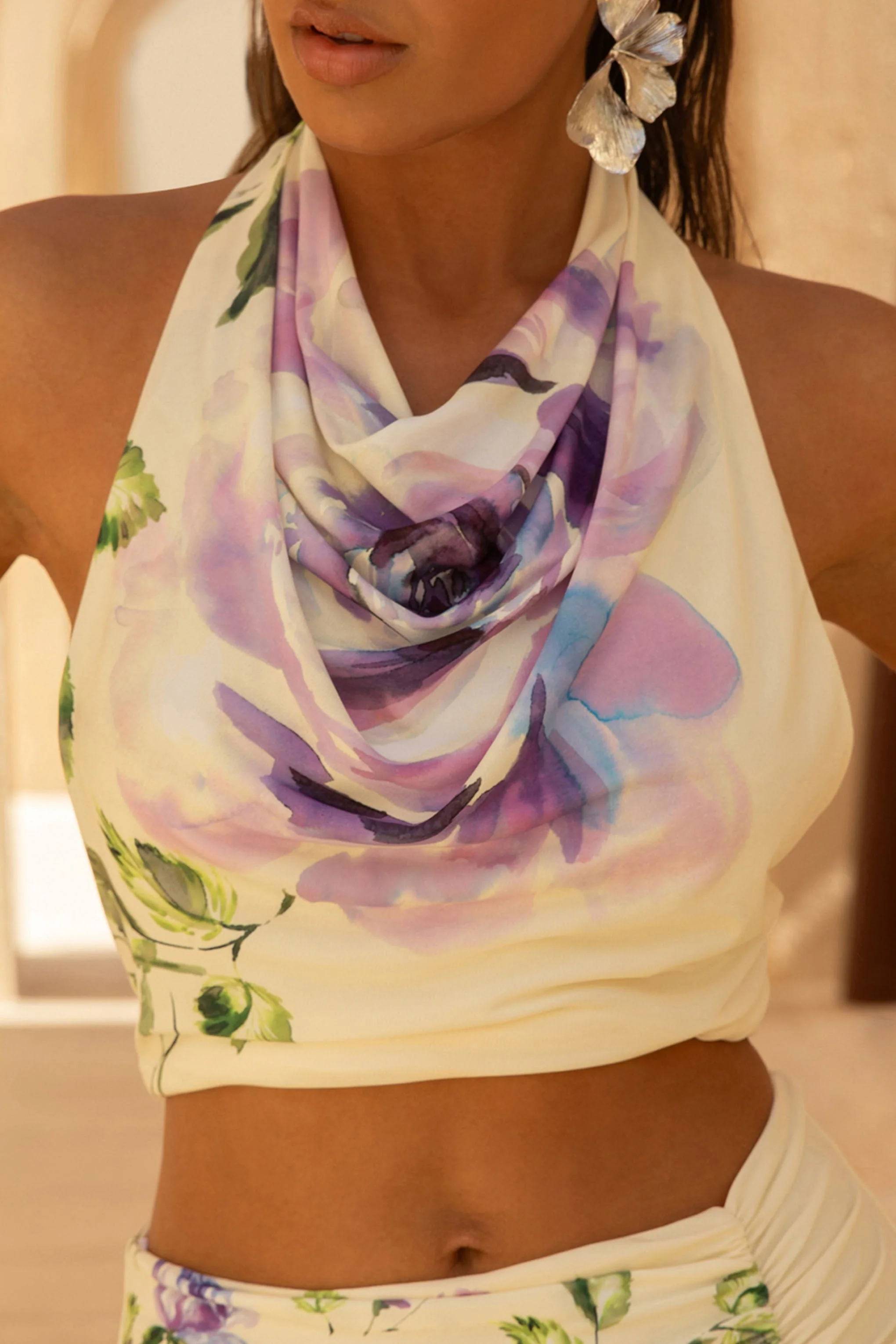 Calla | Lila Bloemen Print Hoge Hals Crop Top - Image 3