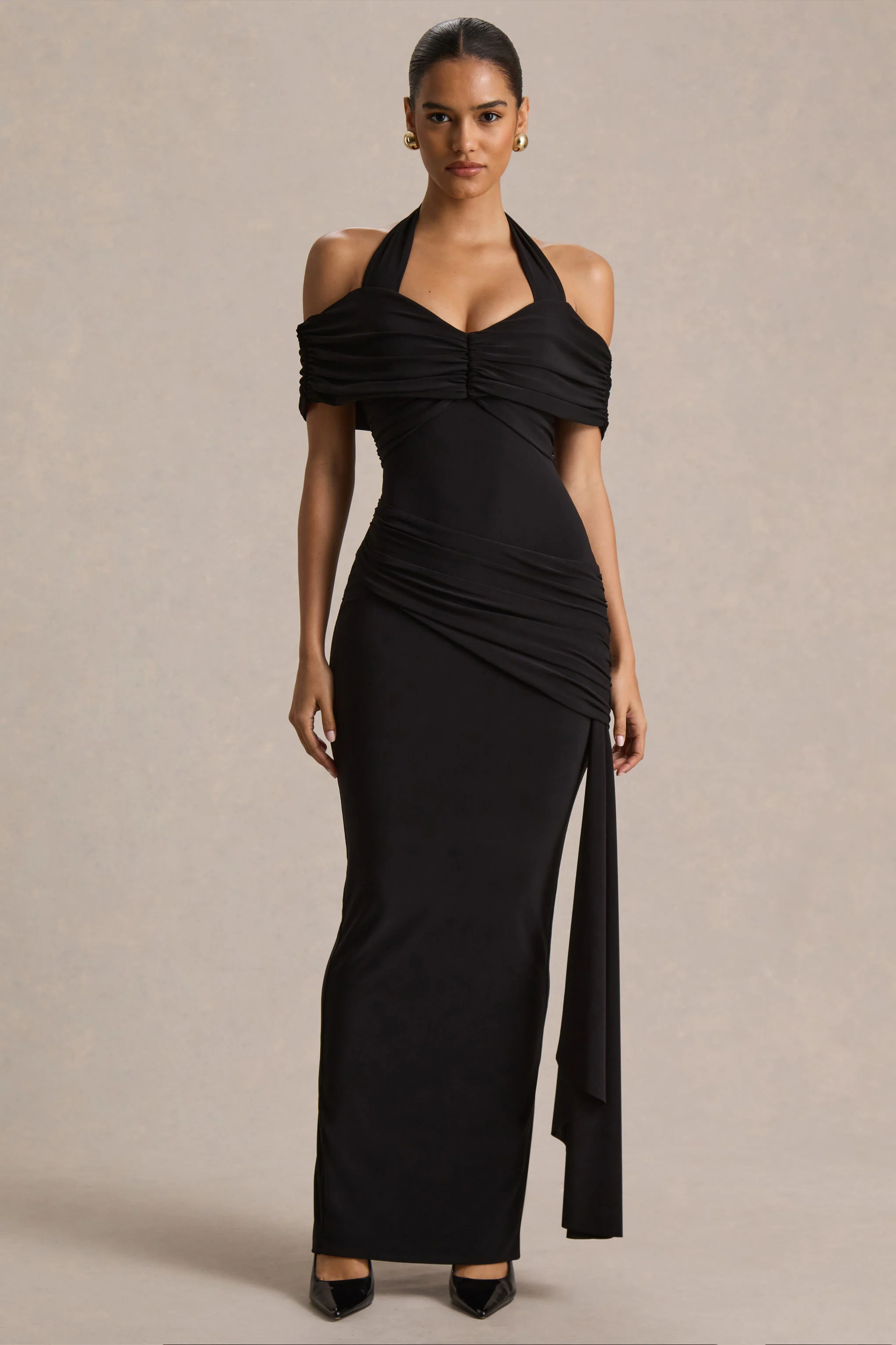 Camille | Zwarte Bardot Hals Maxi Jurk
