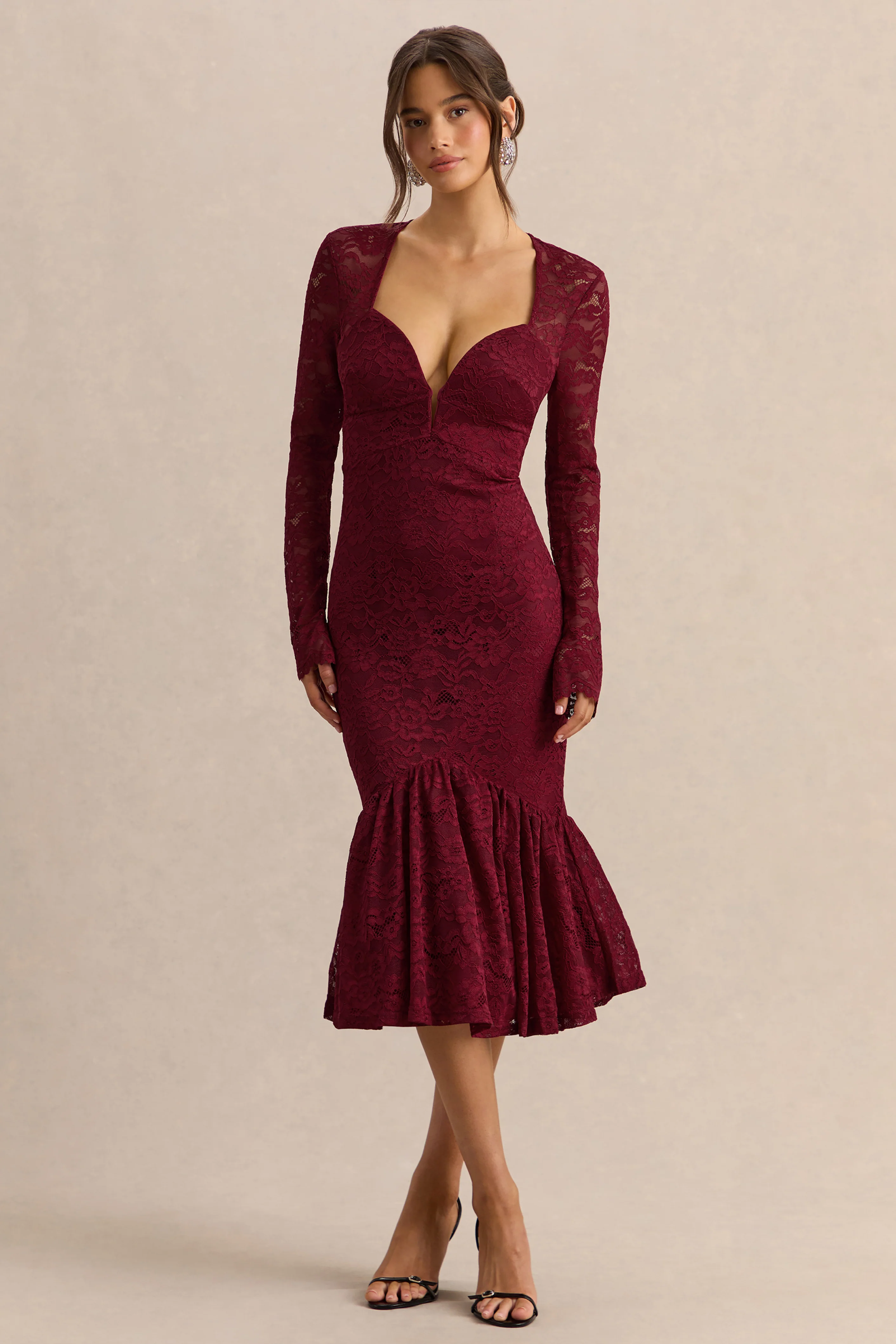 Camilly | Bordeaux Kant Diepe V-Hals Mermaid Midi Jurk