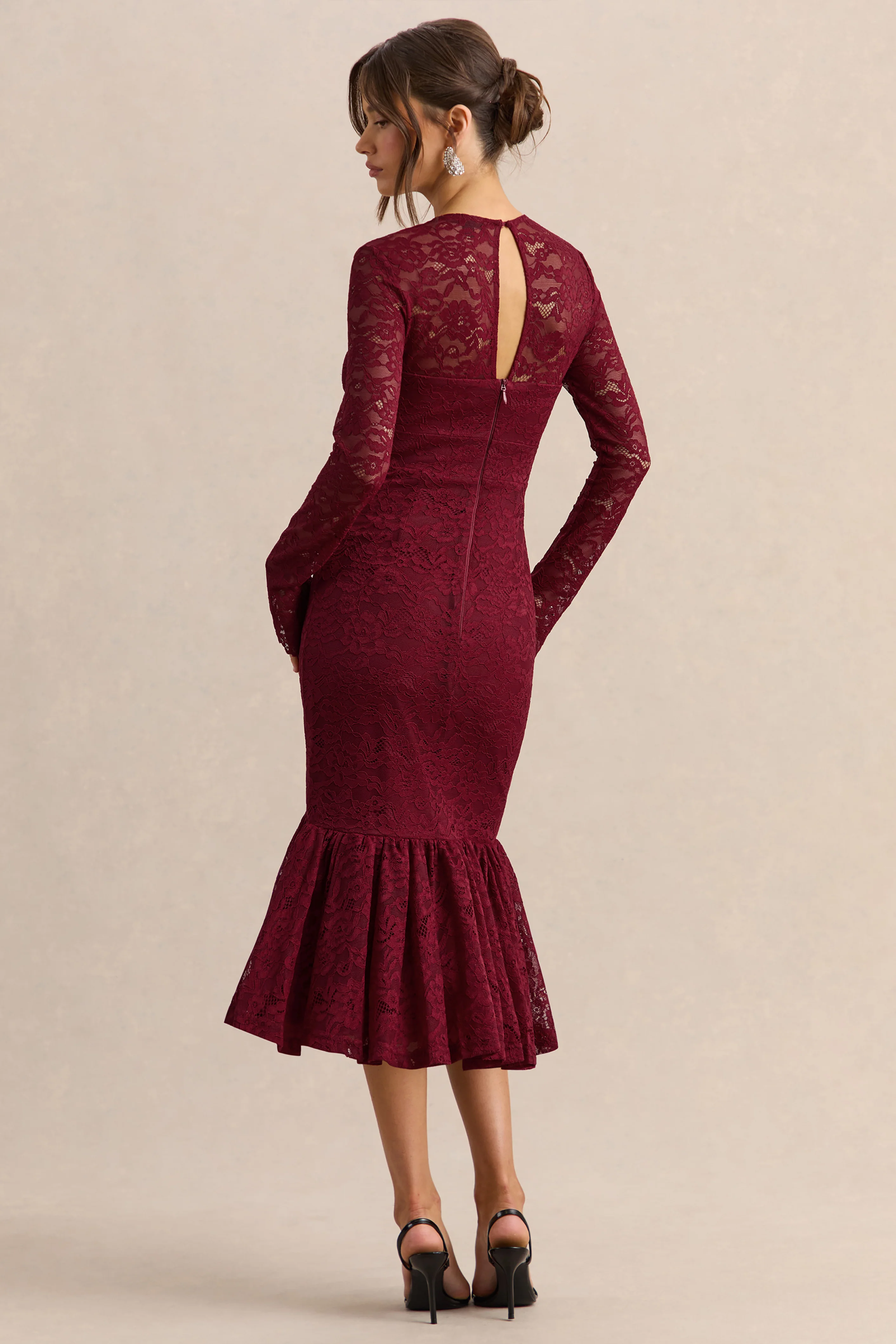 Camilly | Bordeaux Kant Diepe V-Hals Mermaid Midi Jurk - Image 2