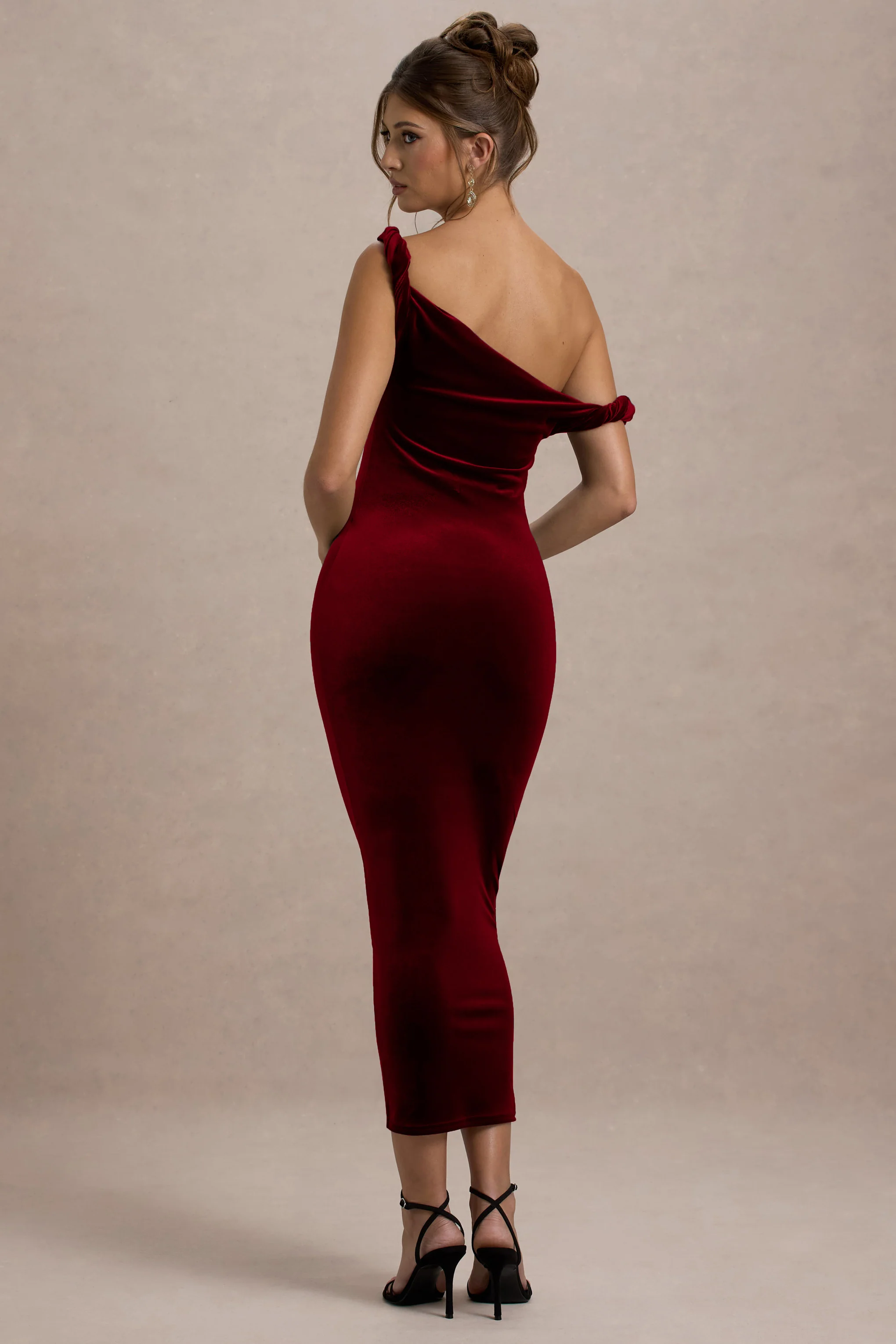 Carella | Bessenrode Fluwelen Gedraaide Asymmetrische Midi Jurk - Image 2