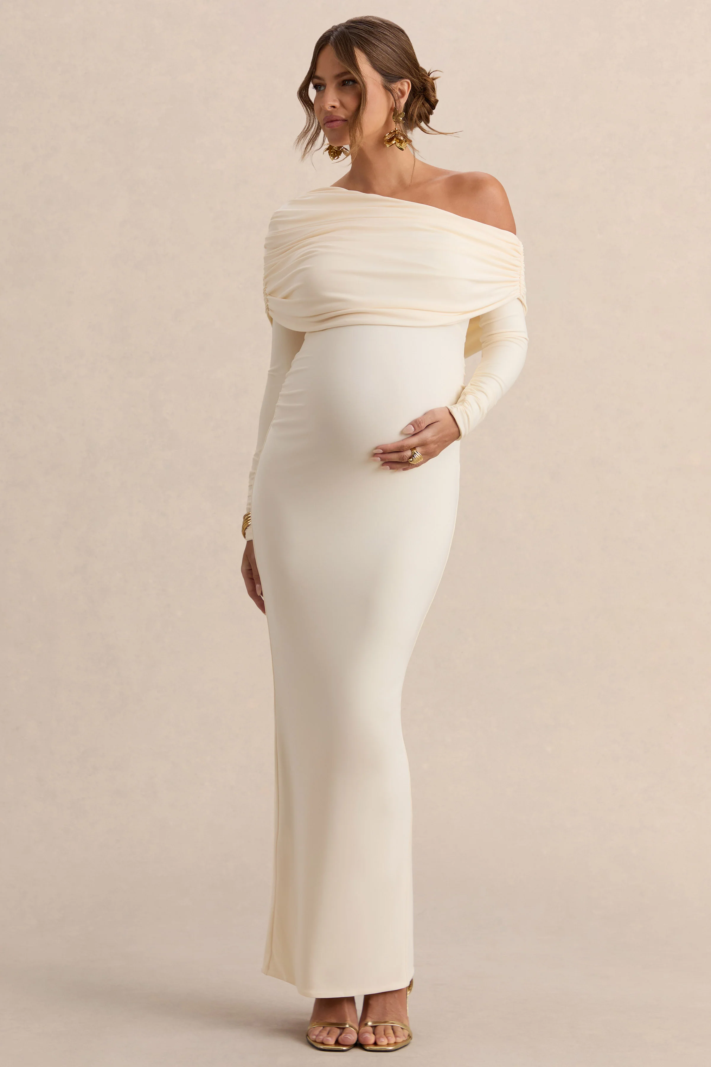 Carleigh | Crème Asymmetrische Hals Zwangerschaps Maxi Jurk Met Draperende Details - Image 6