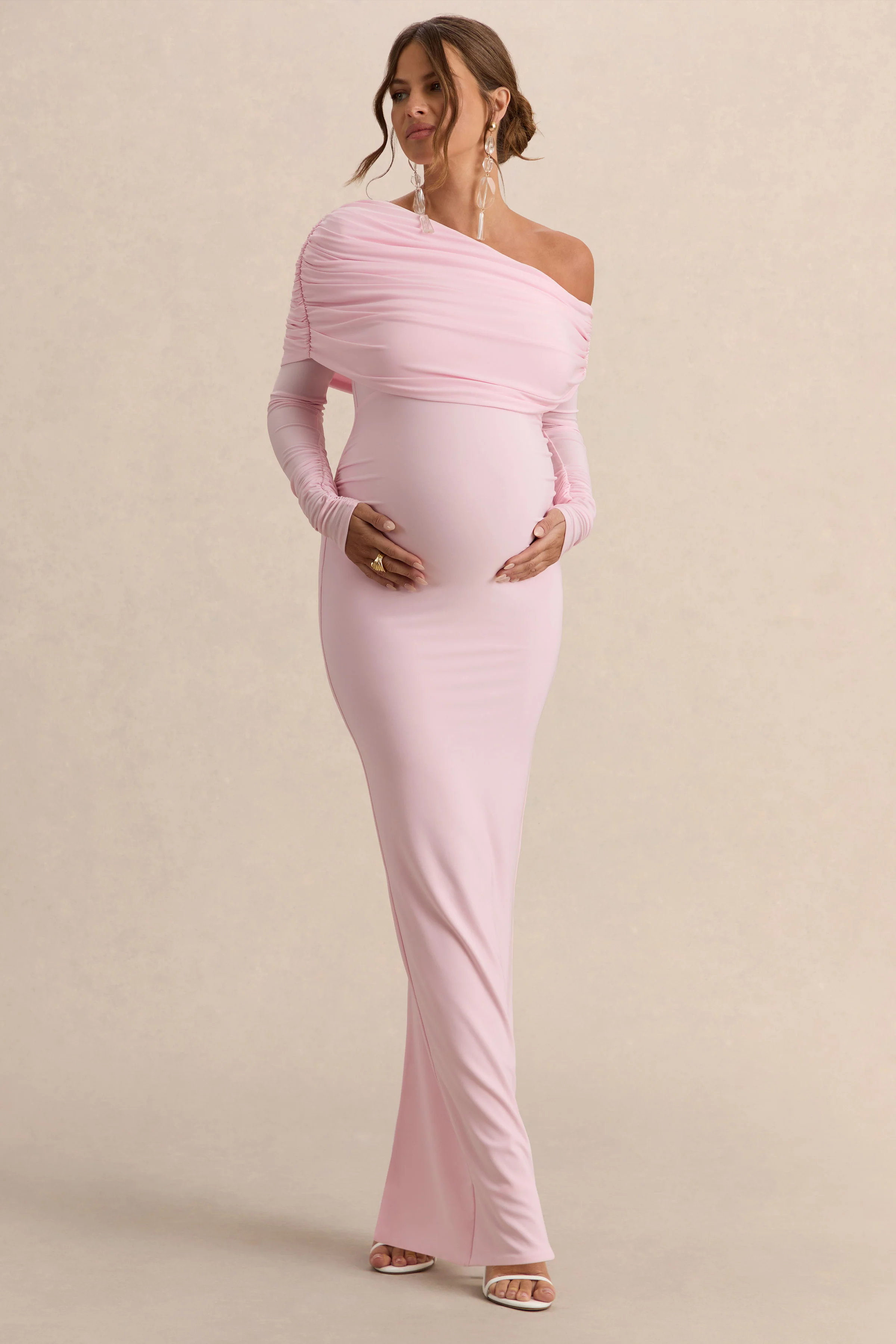 Carleigh | Lichtroze Asymmetrische Hals Zwangerschaps Maxi Jurk met Draperende Details