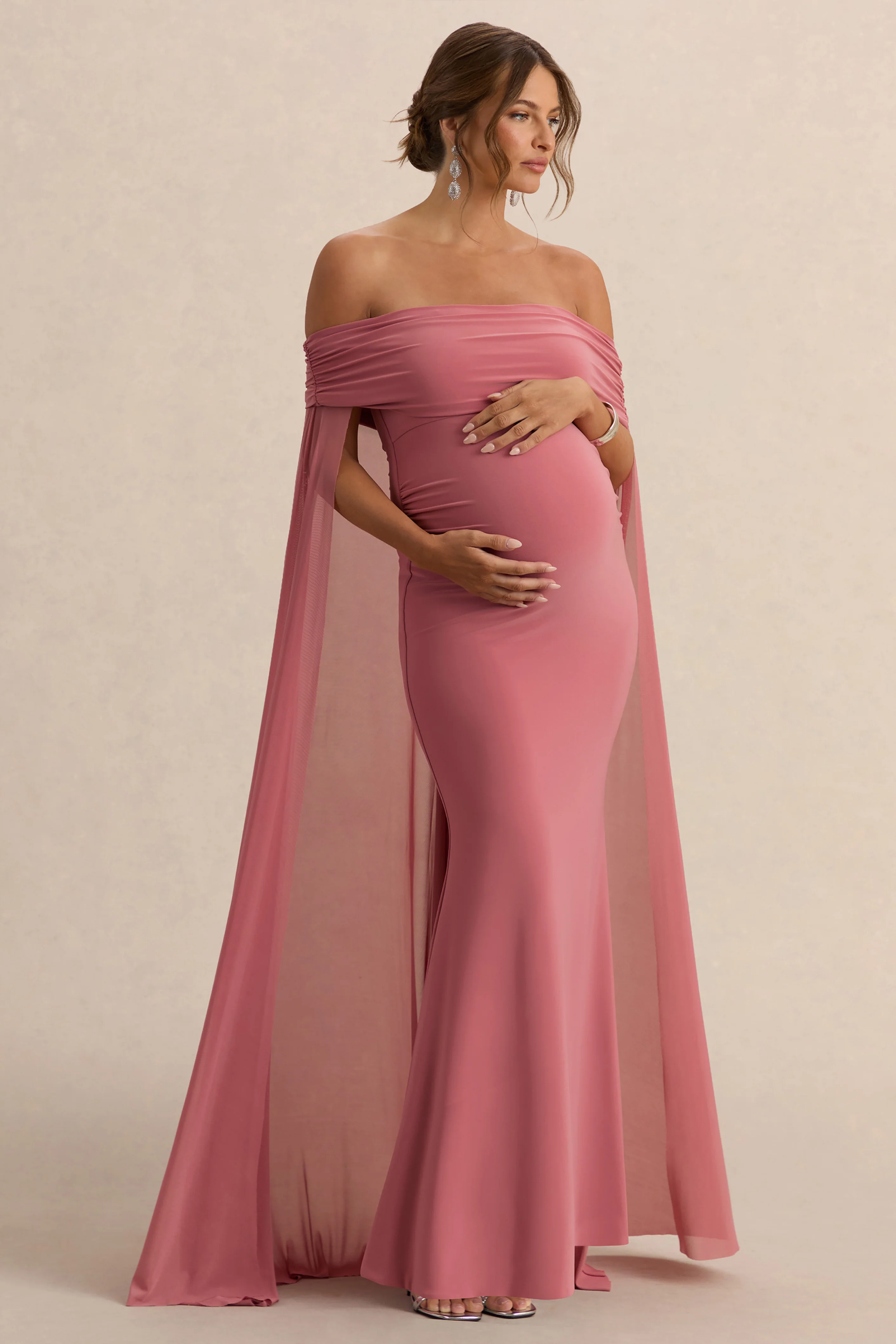 Carlotta | Blosroze Bardot Zwangerschaps Maxi Jurk Met Chiffon Cape