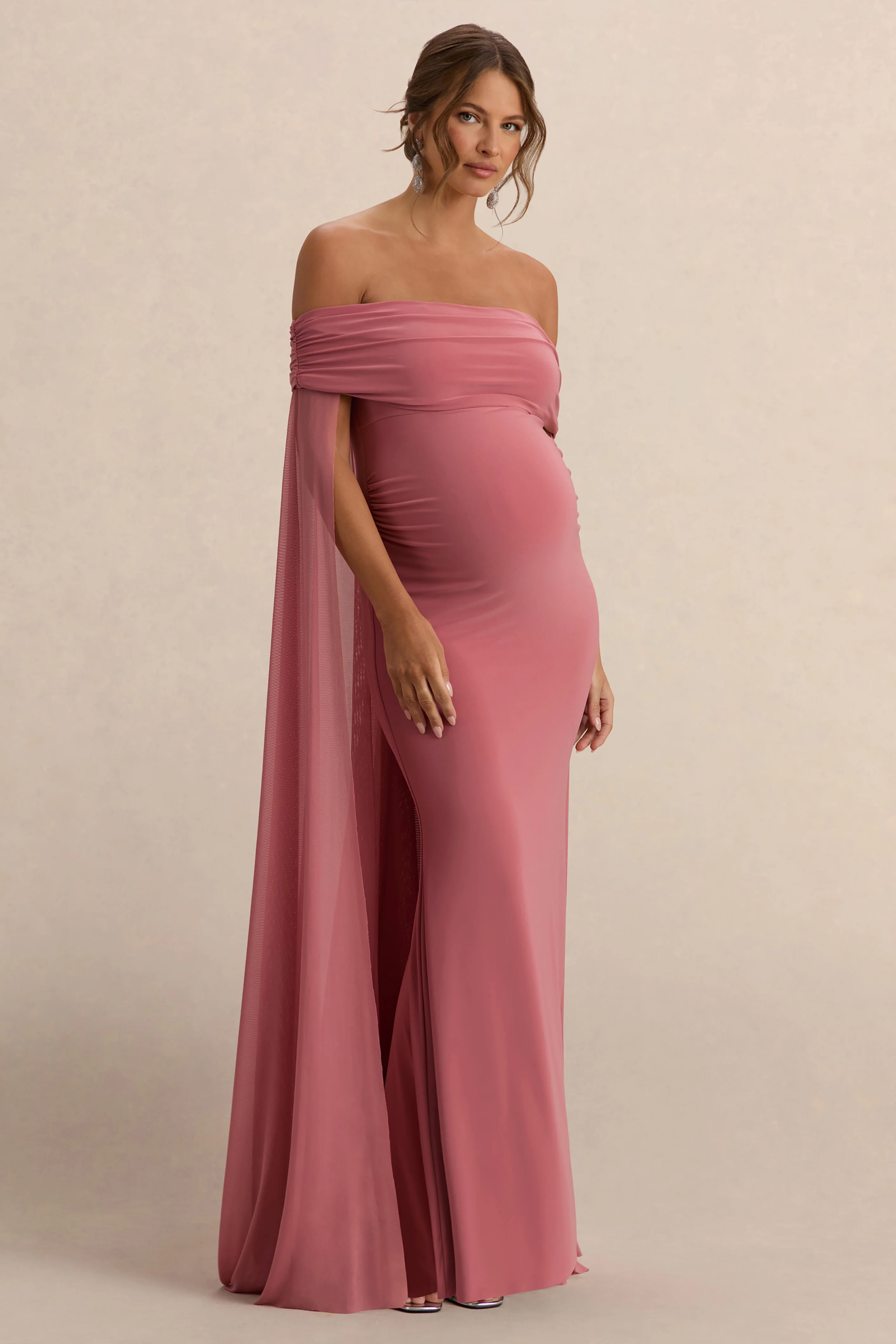 Carlotta | Blosroze Bardot Zwangerschaps Maxi Jurk Met Chiffon Cape - Image 5