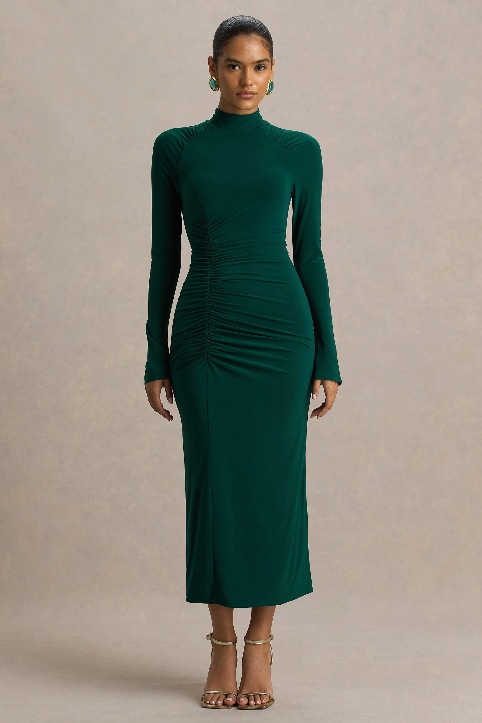 Cassandra | Flessengroene Hoge Hals Midi Jurk Met Lange Mouw - Image 4