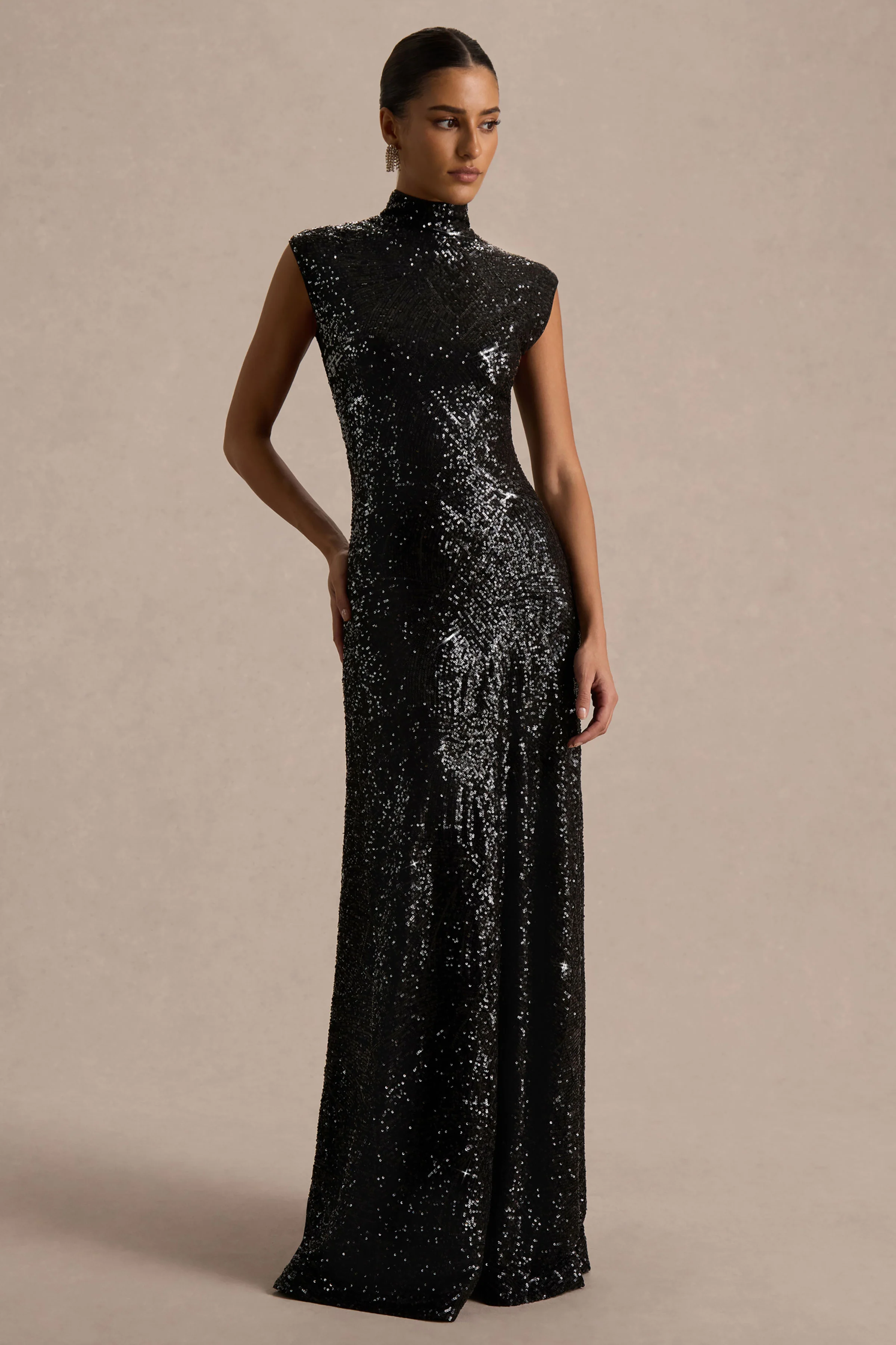 Cecy | Zwarte Pailletten Maxi Jurk Met Hoge Hals En Kap Mouwen - Image 4