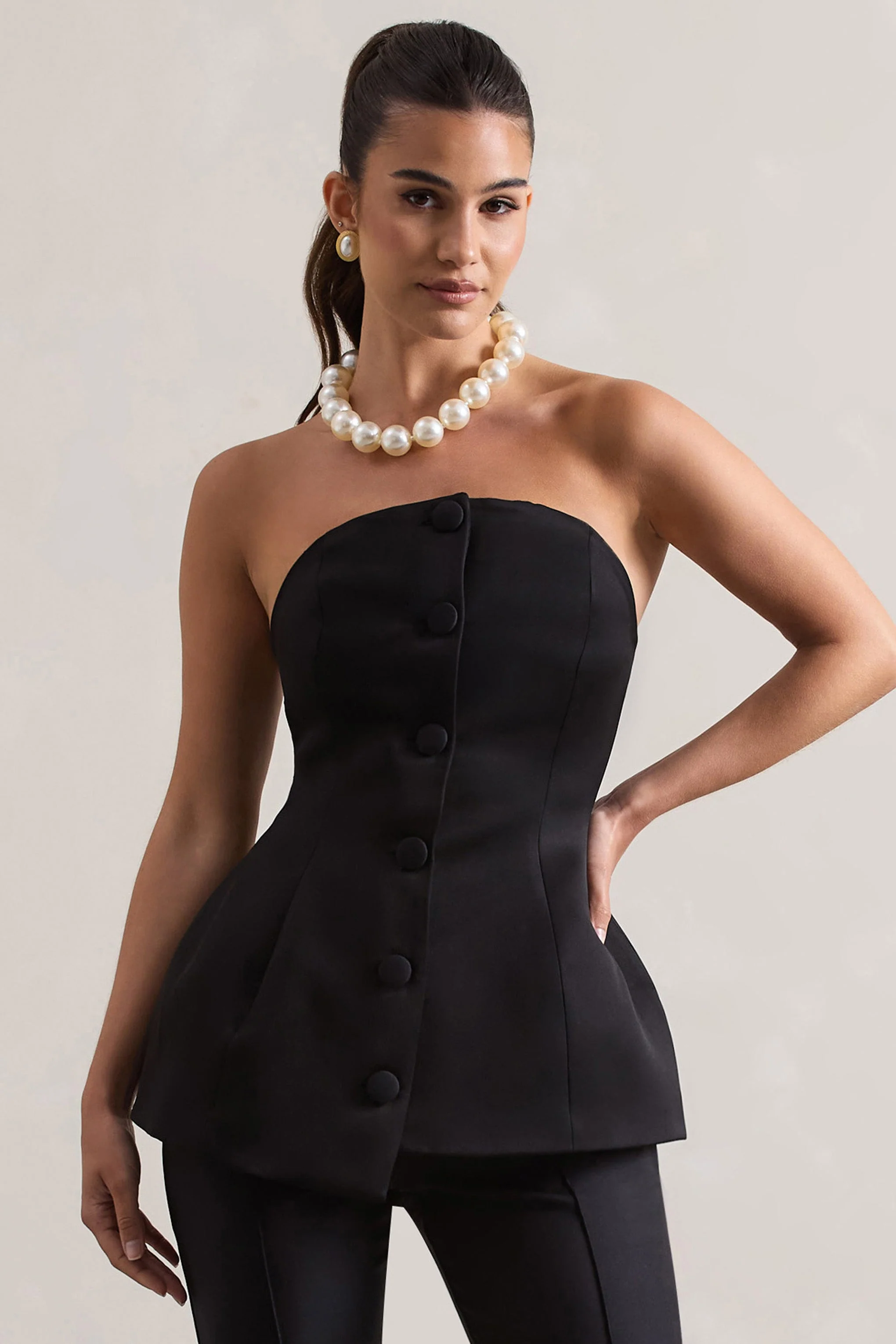 Century | Zwarte Satijnen Strapless Korset Top Met Voorzijde Knopen - Image 4