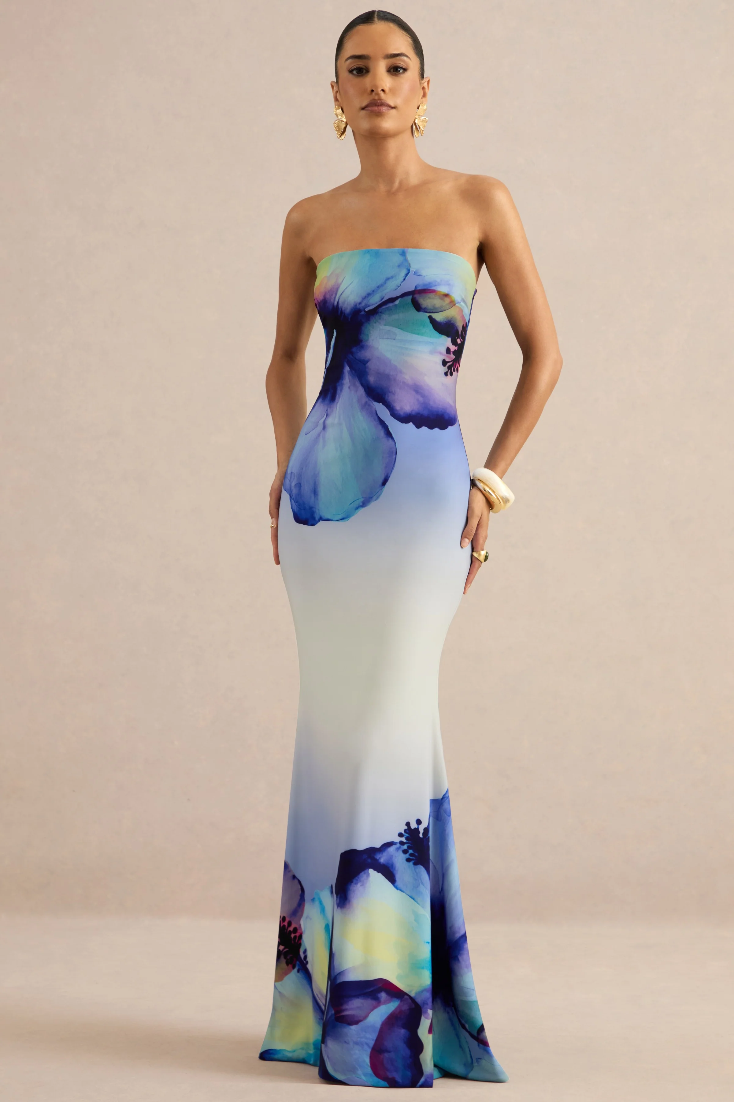 Ceremony | Blauwe Ombré Bloemenprint Bandeau Maxi Jurk