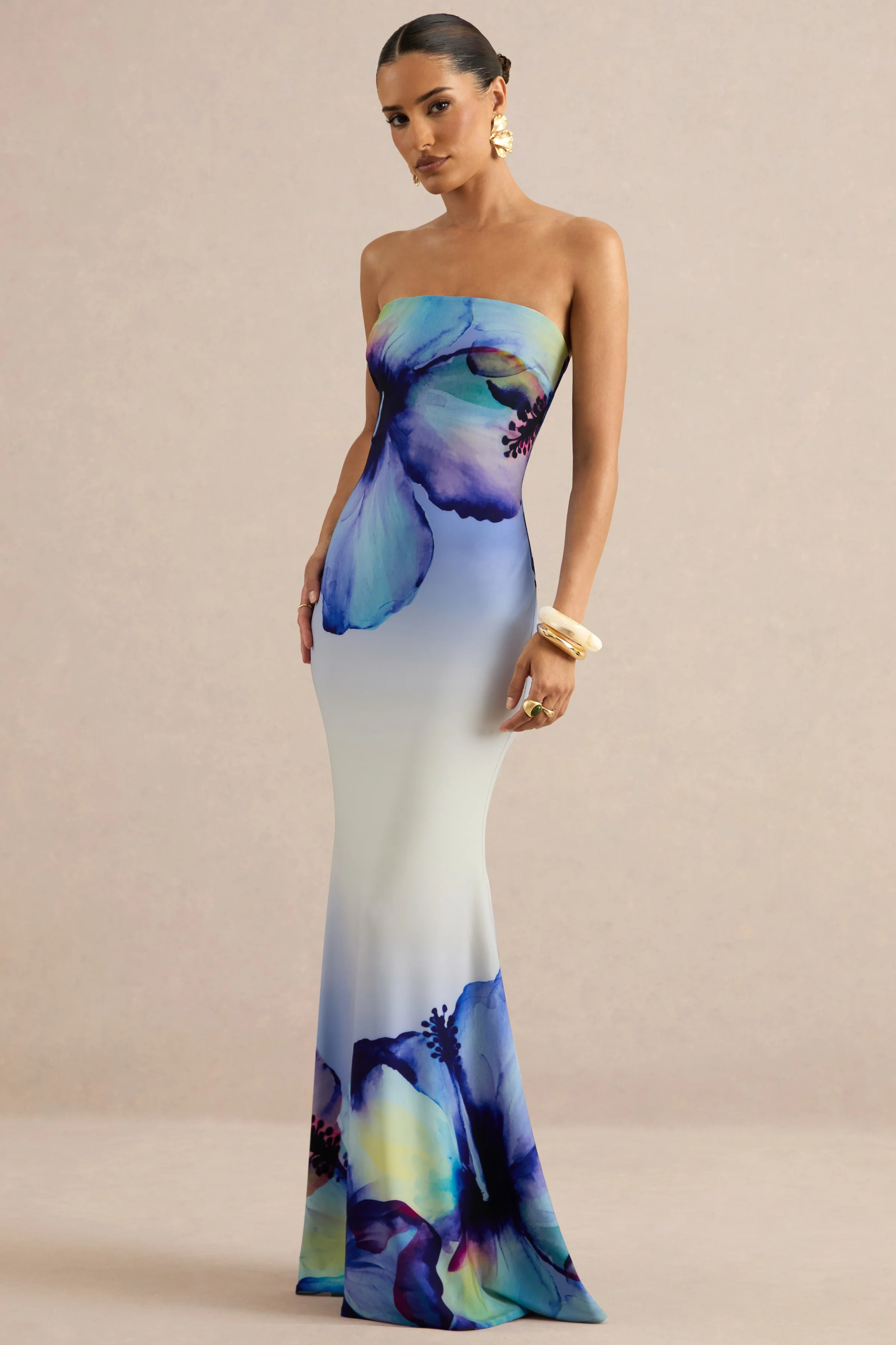 Ceremony | Blauwe Ombré Bloemenprint Bandeau Maxi Jurk - Image 5
