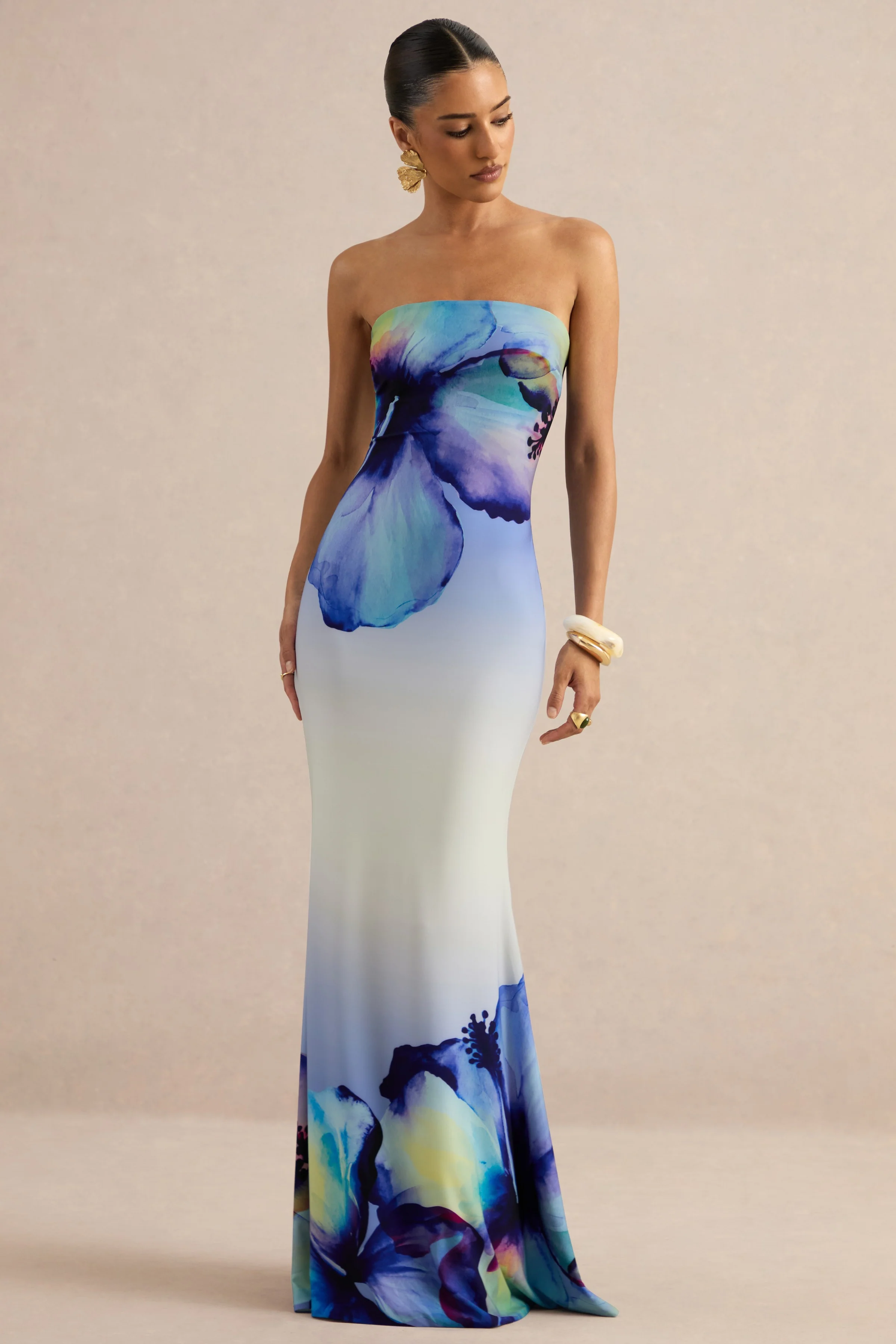 Ceremony | Blauwe Ombré Bloemenprint Bandeau Maxi Jurk - Image 6