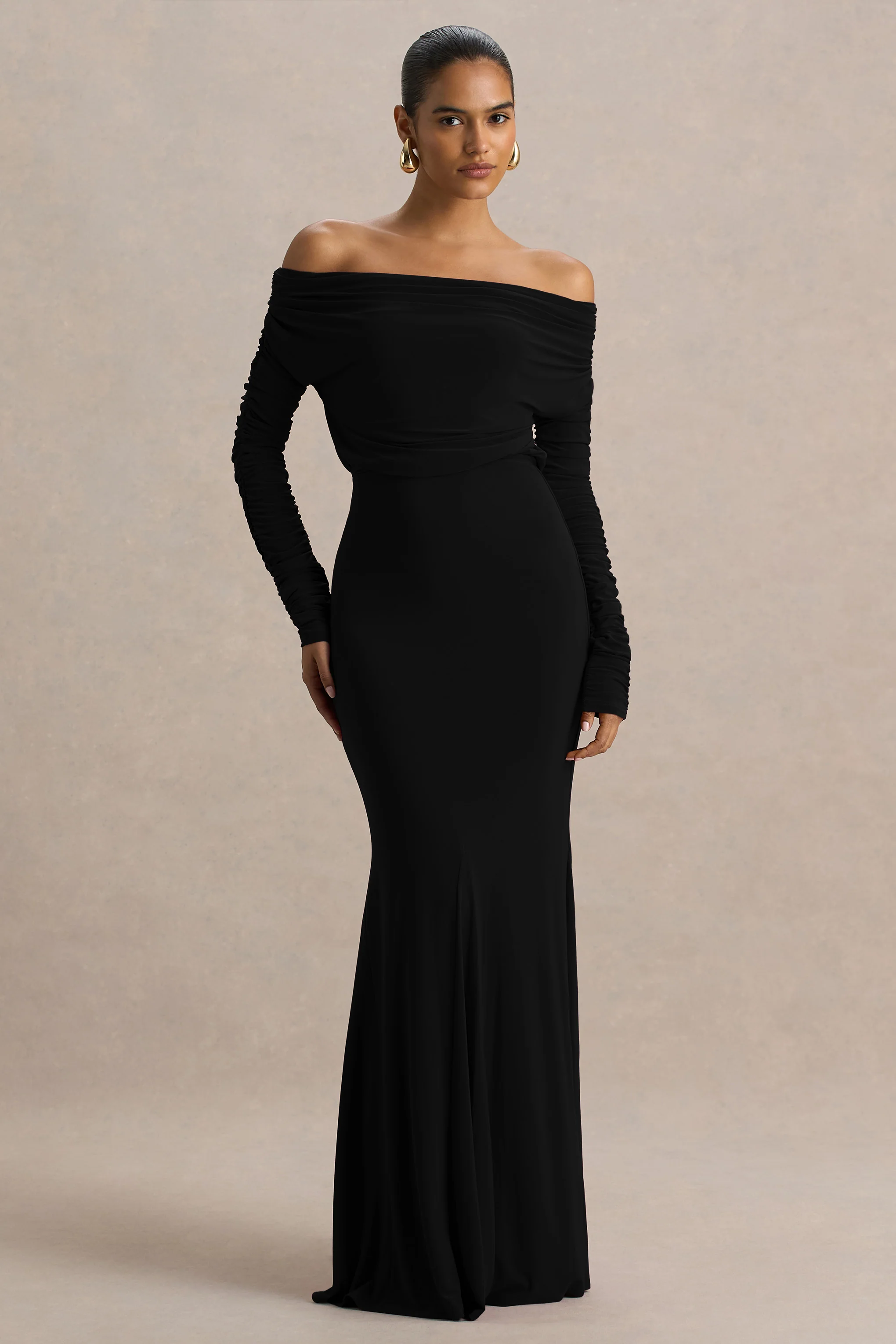 Cilla | Zwart Bardot Nek Maxi Jurk Met Gerimpeld Details