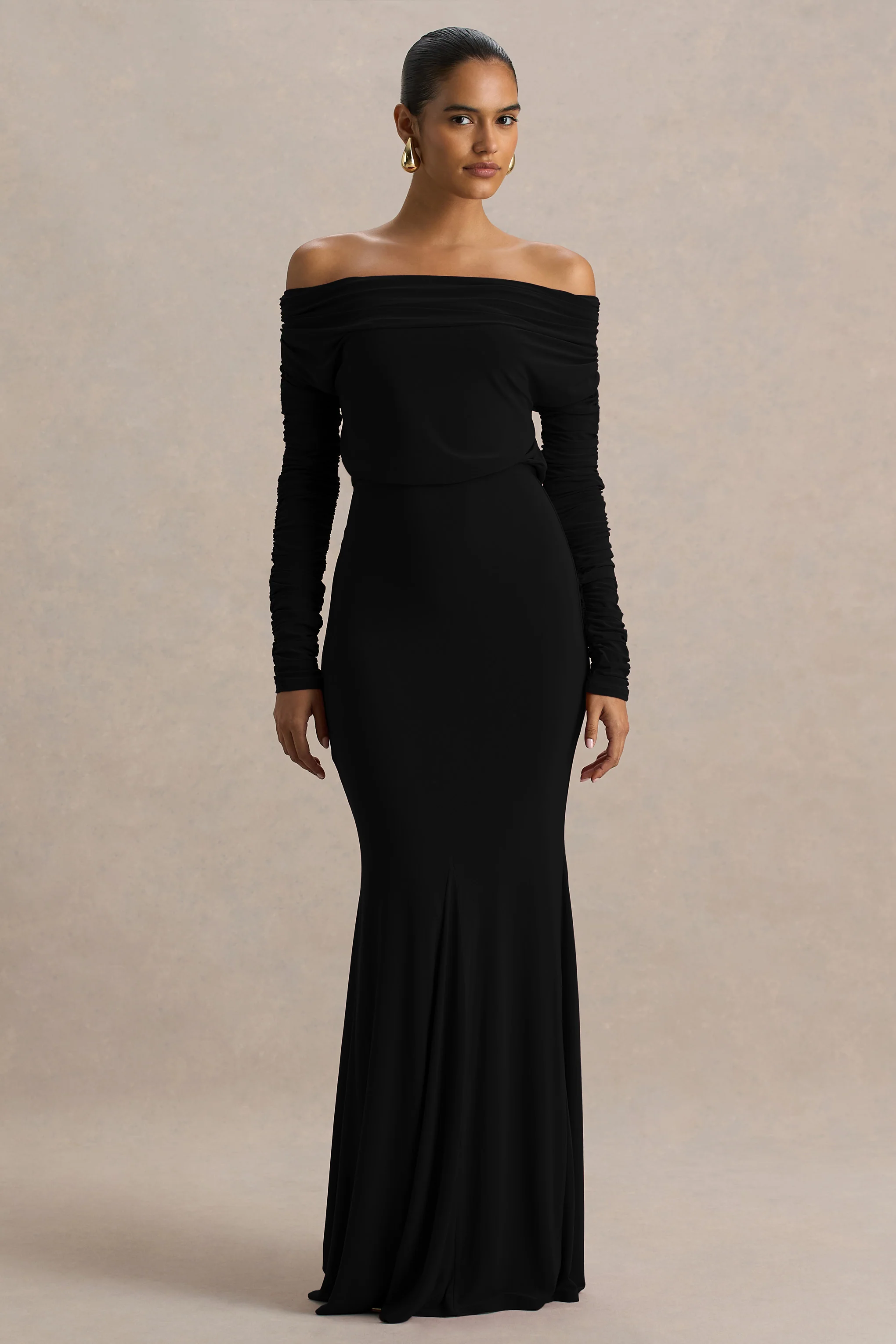 Cilla | Zwart Bardot Nek Maxi Jurk Met Gerimpeld Details - Image 5