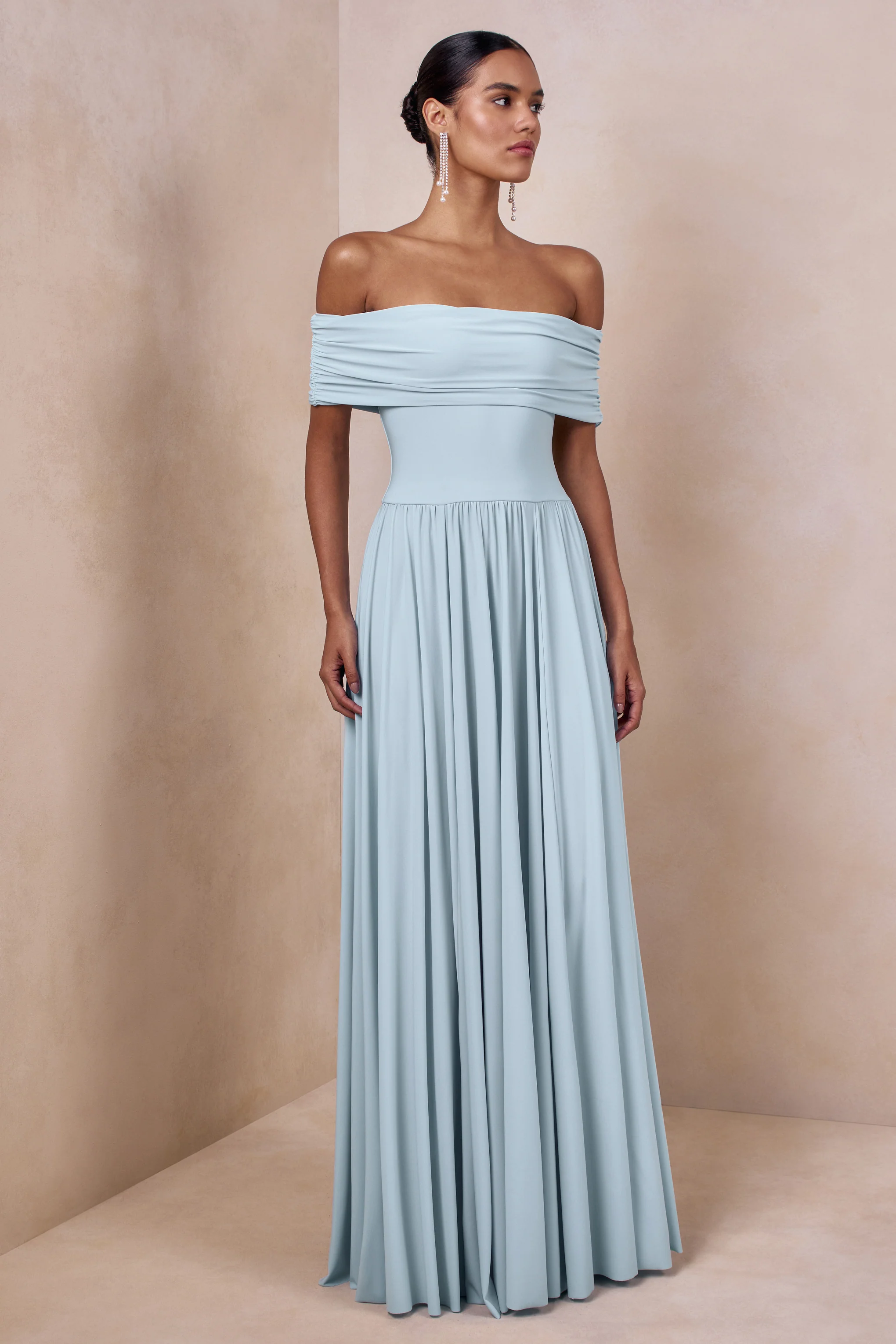 Cindie | Poederblauwe Bardot Hals Maxi Jurk