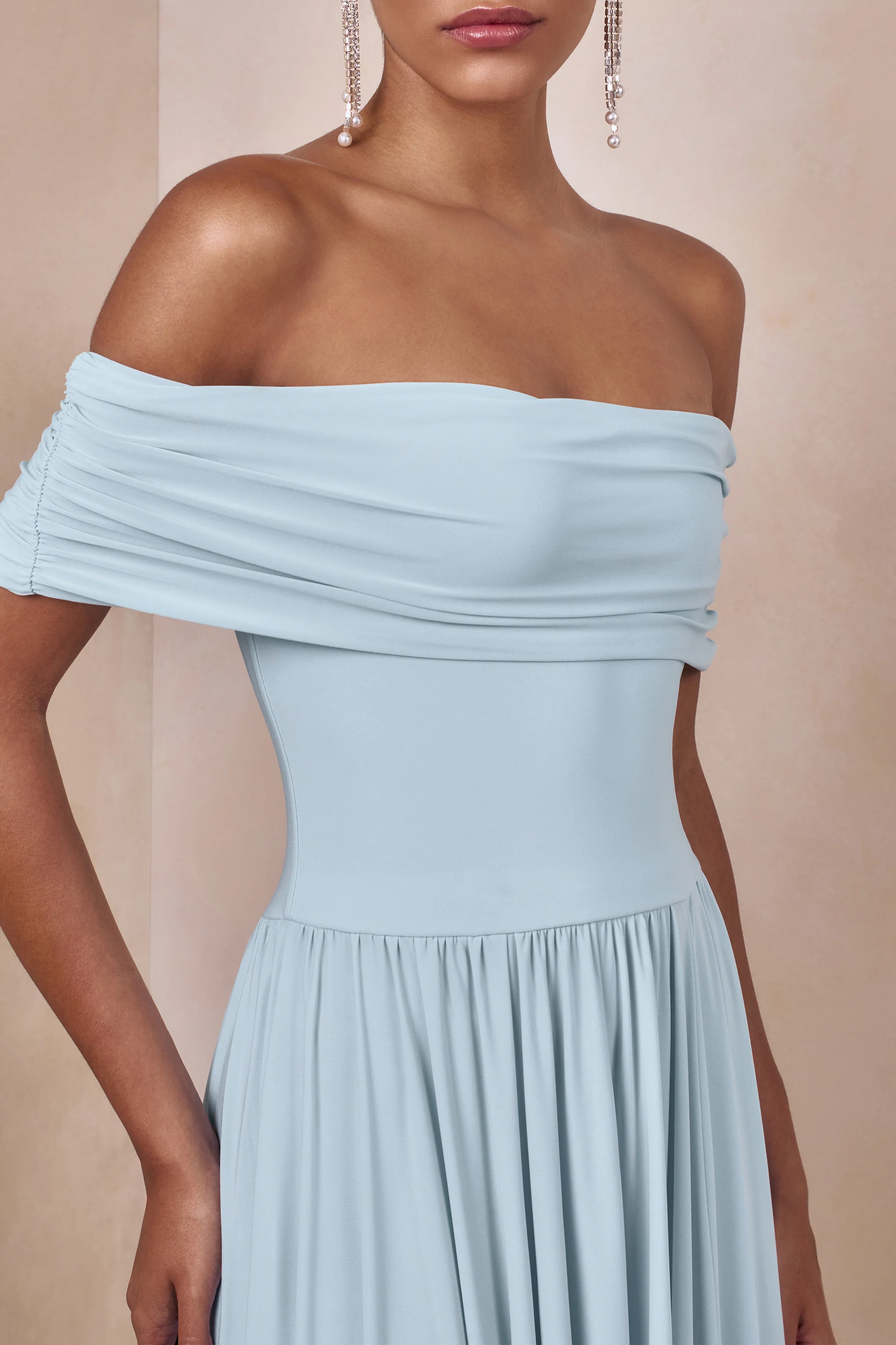 Cindie | Poederblauwe Bardot Hals Maxi Jurk - Image 3