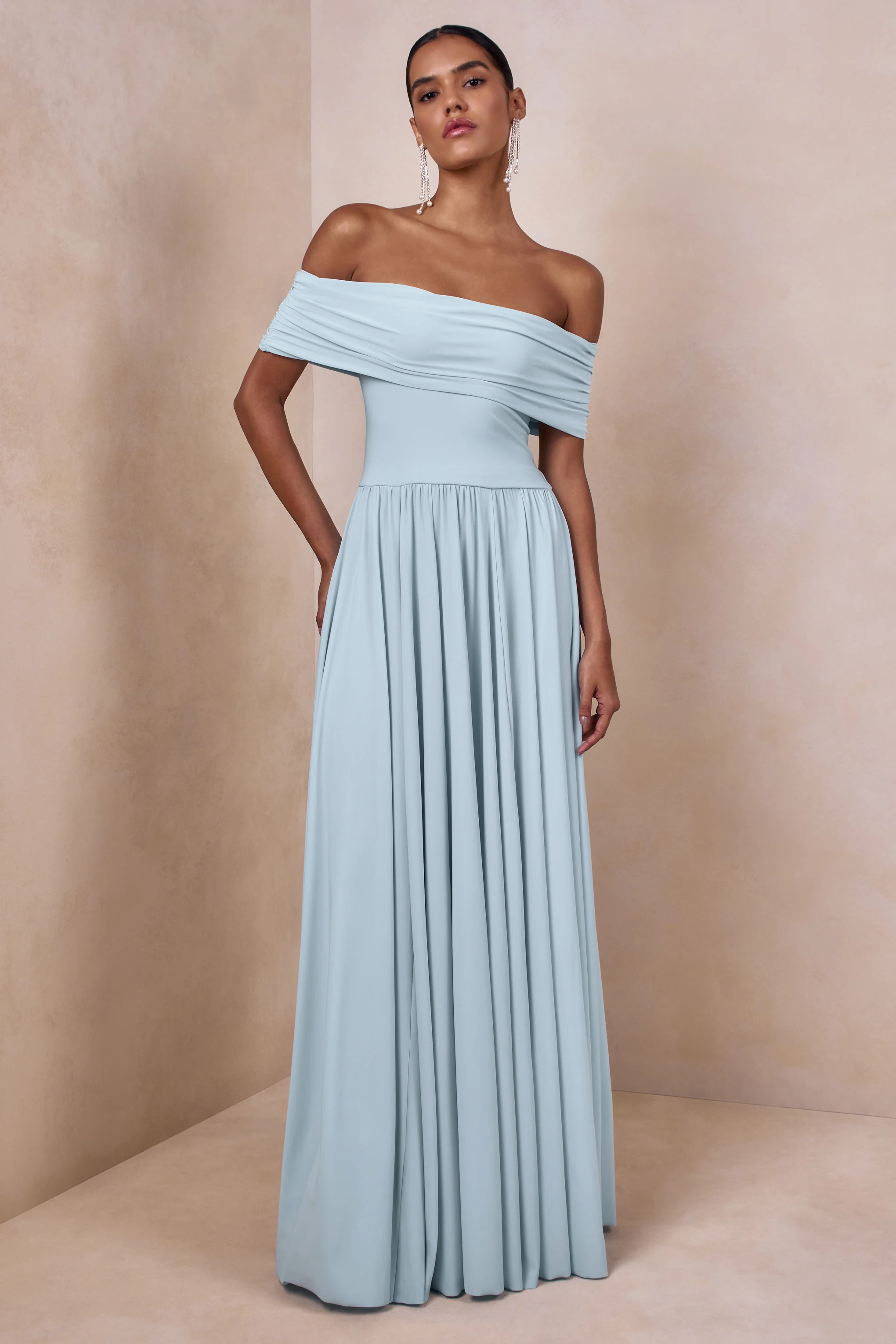 Cindie | Poederblauwe Bardot Hals Maxi Jurk - Image 4