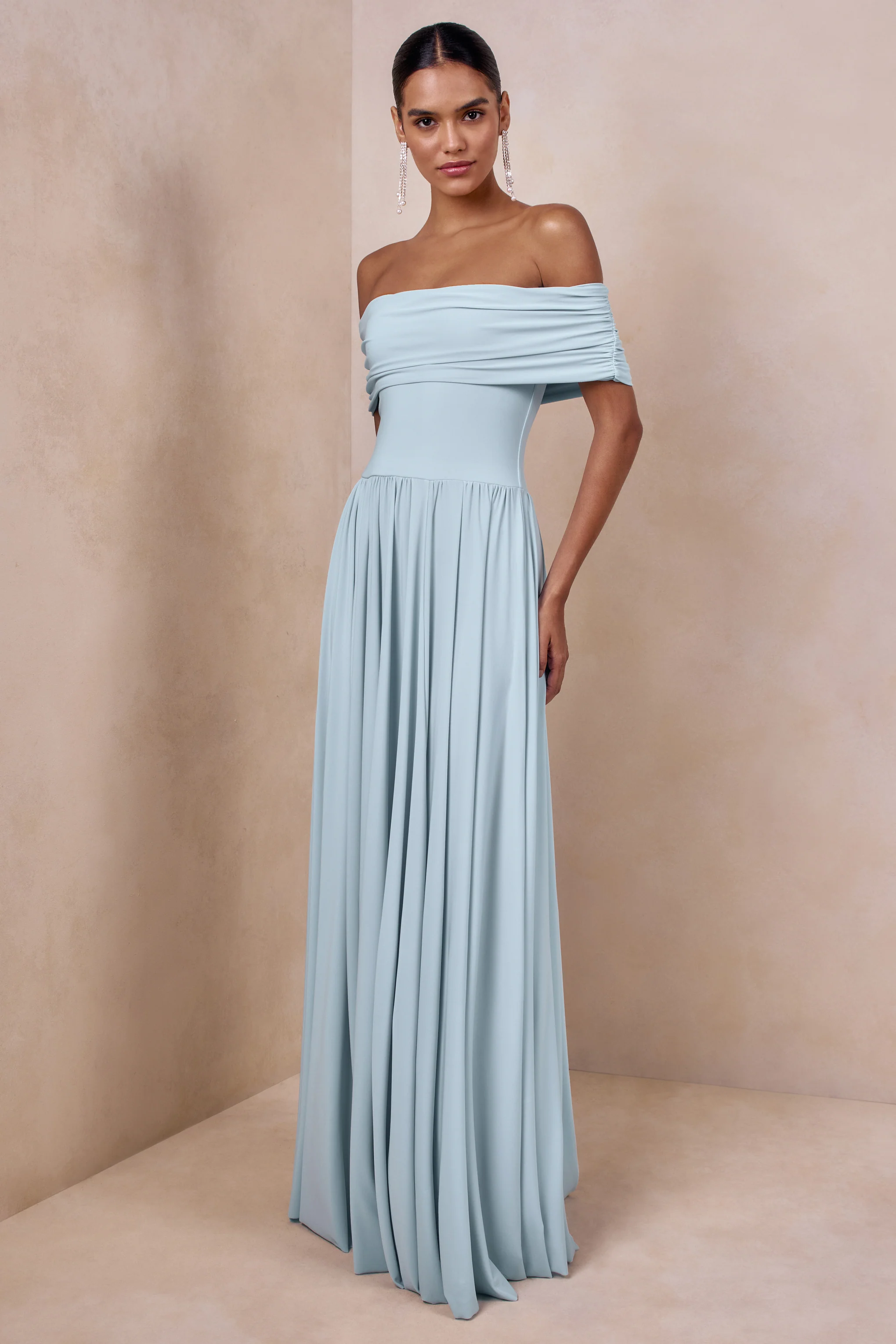 Cindie | Poederblauwe Bardot Hals Maxi Jurk - Image 5