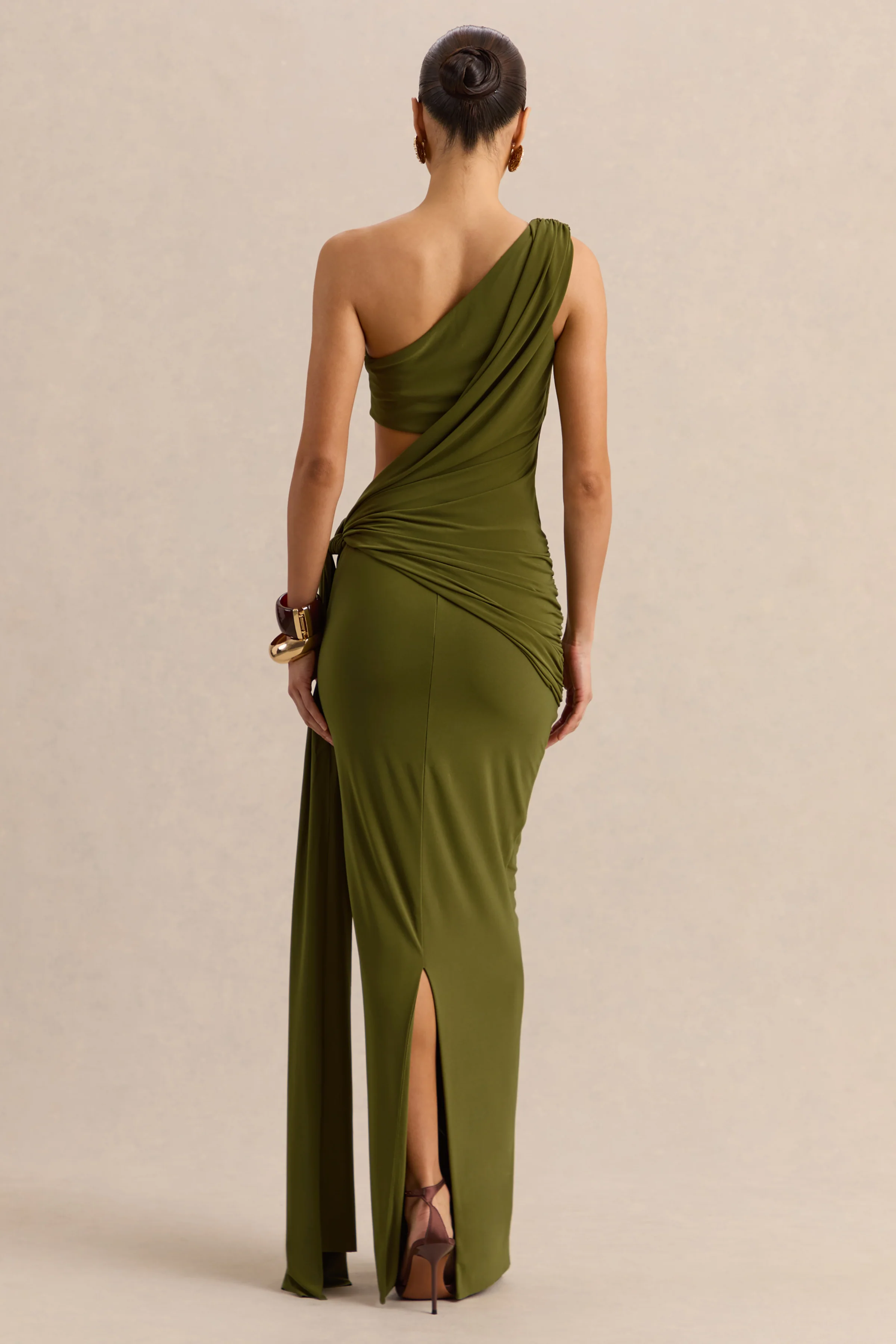 Clarosia | Groene Asymmetrische Hals Maxi Jurk Met Cut-Out En Ceintuur - Image 2